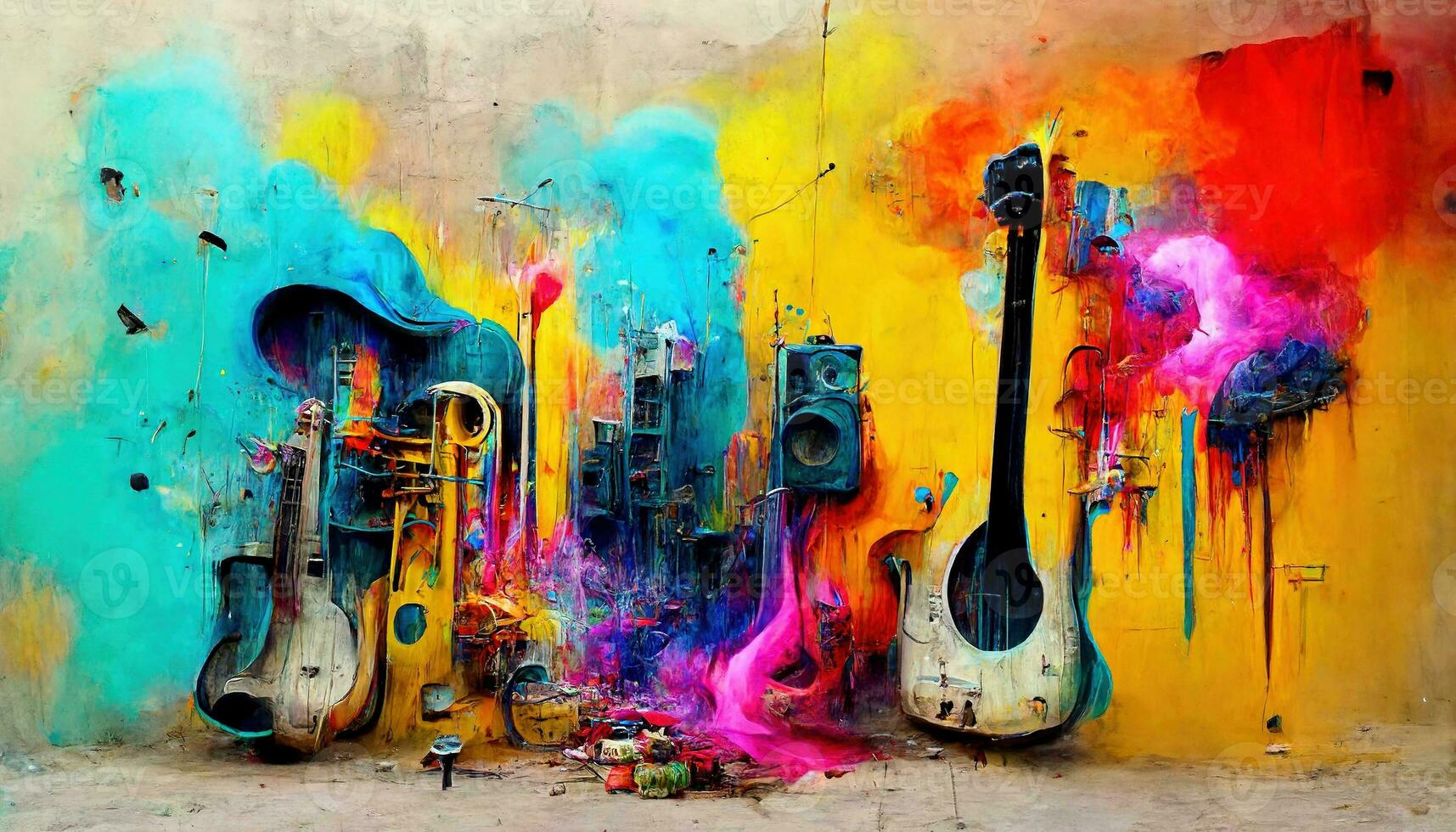 Generative AI, Street art with keys and musical instruments silhouettes. Ink colorful graffiti art with melted paint photo