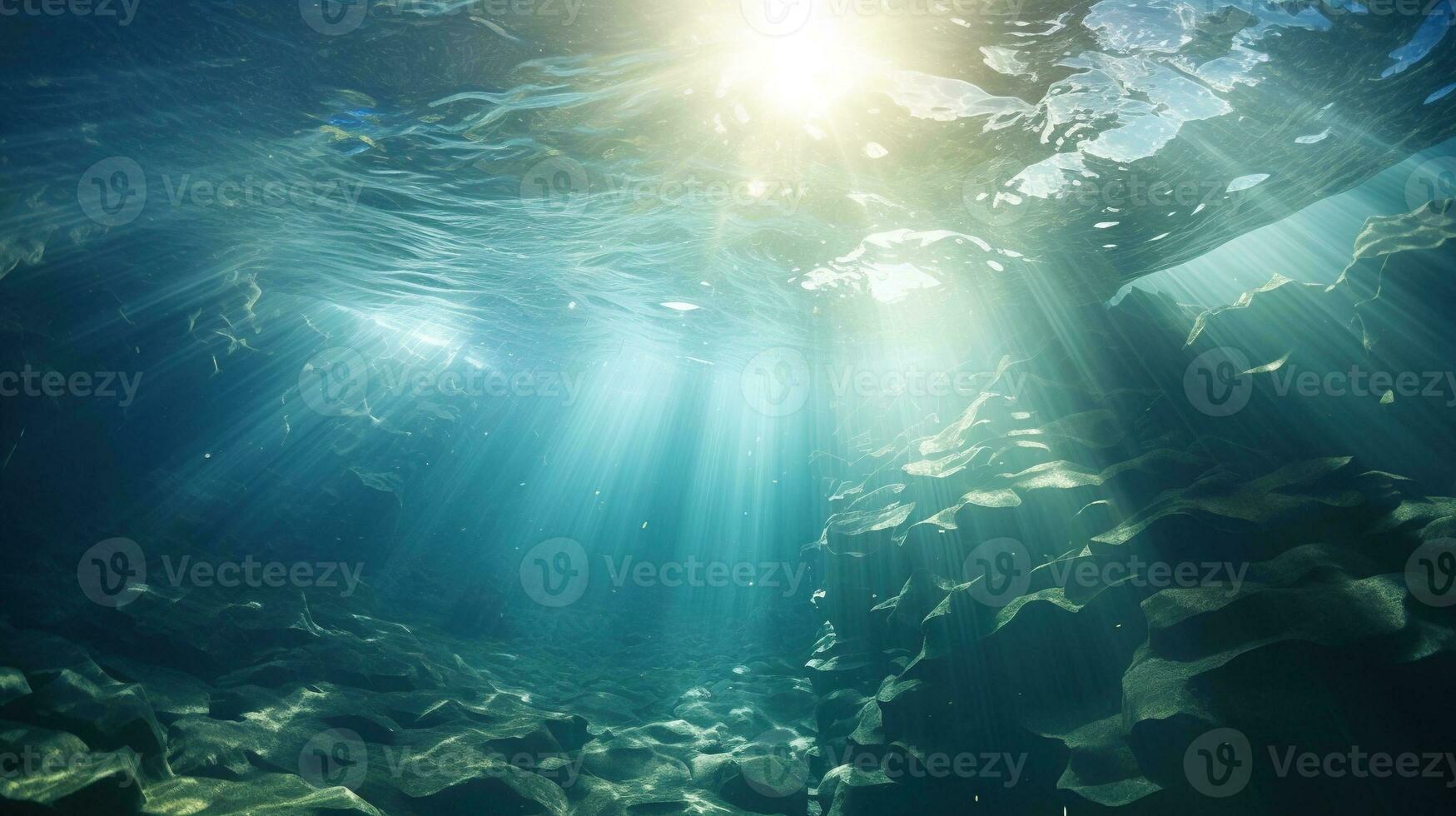 Generative AI, Dark blue ocean surface seen from underwater with sun light photo