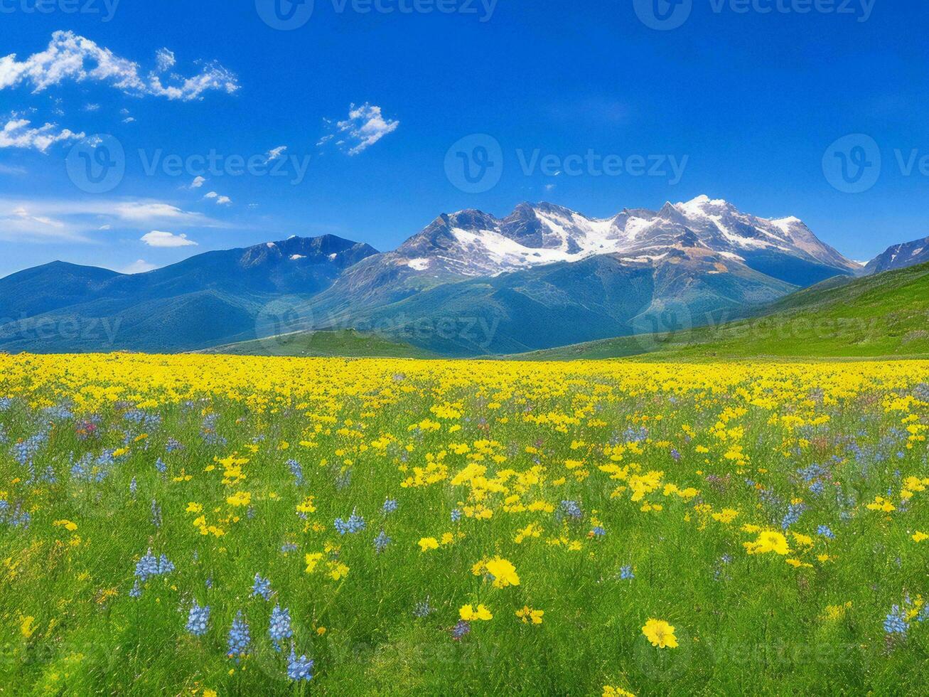 flores silvestres en un prado con montañas en el antecedentes ai generado foto