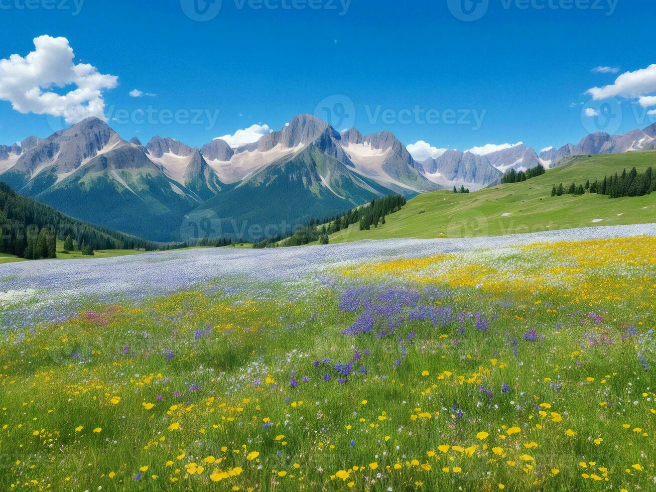 flores silvestres en un prado con montañas en el antecedentes ai generado foto