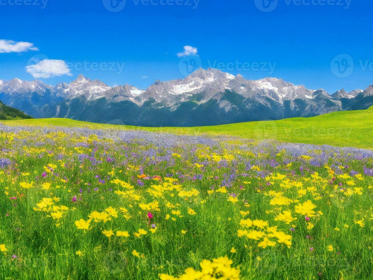 flores silvestres en un prado con montañas en el antecedentes ai generado foto