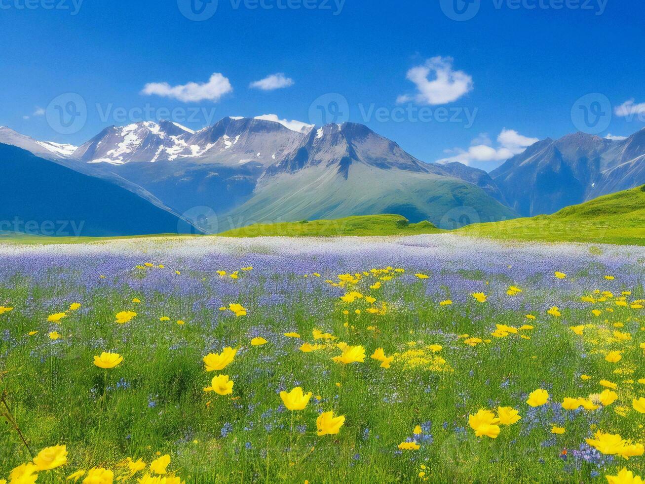 flores silvestres en un prado con montañas en el antecedentes ai generado foto