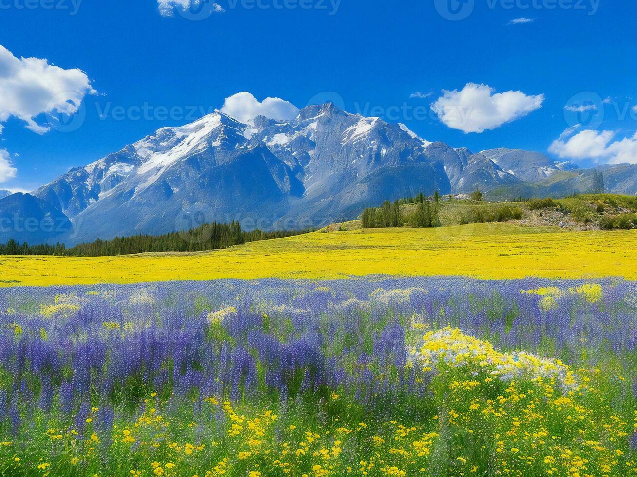 flores silvestres en un prado con montañas en el antecedentes ai generado foto