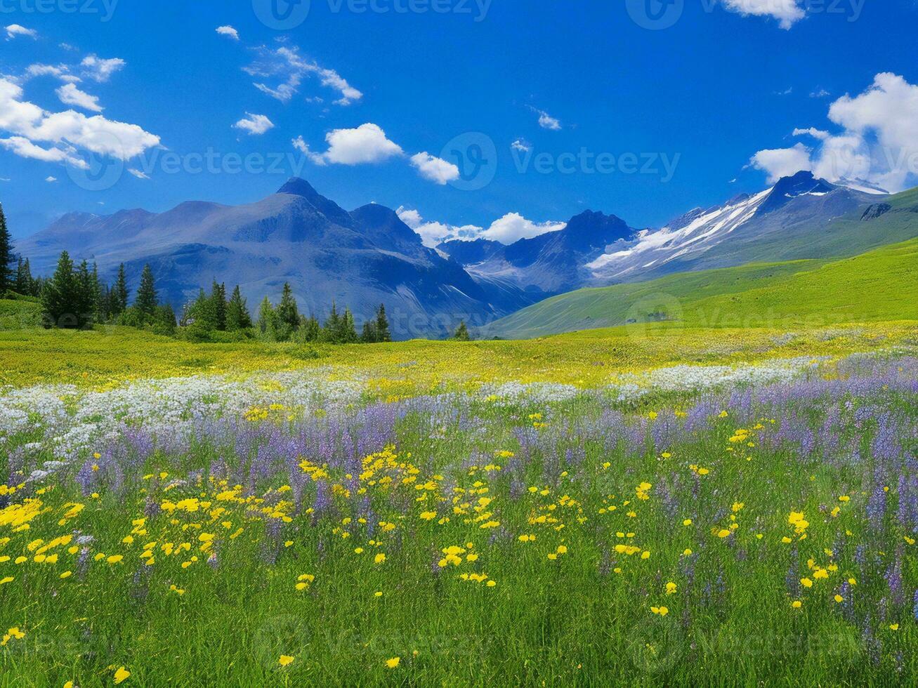 flores silvestres en un prado con montañas en el antecedentes ai generado foto