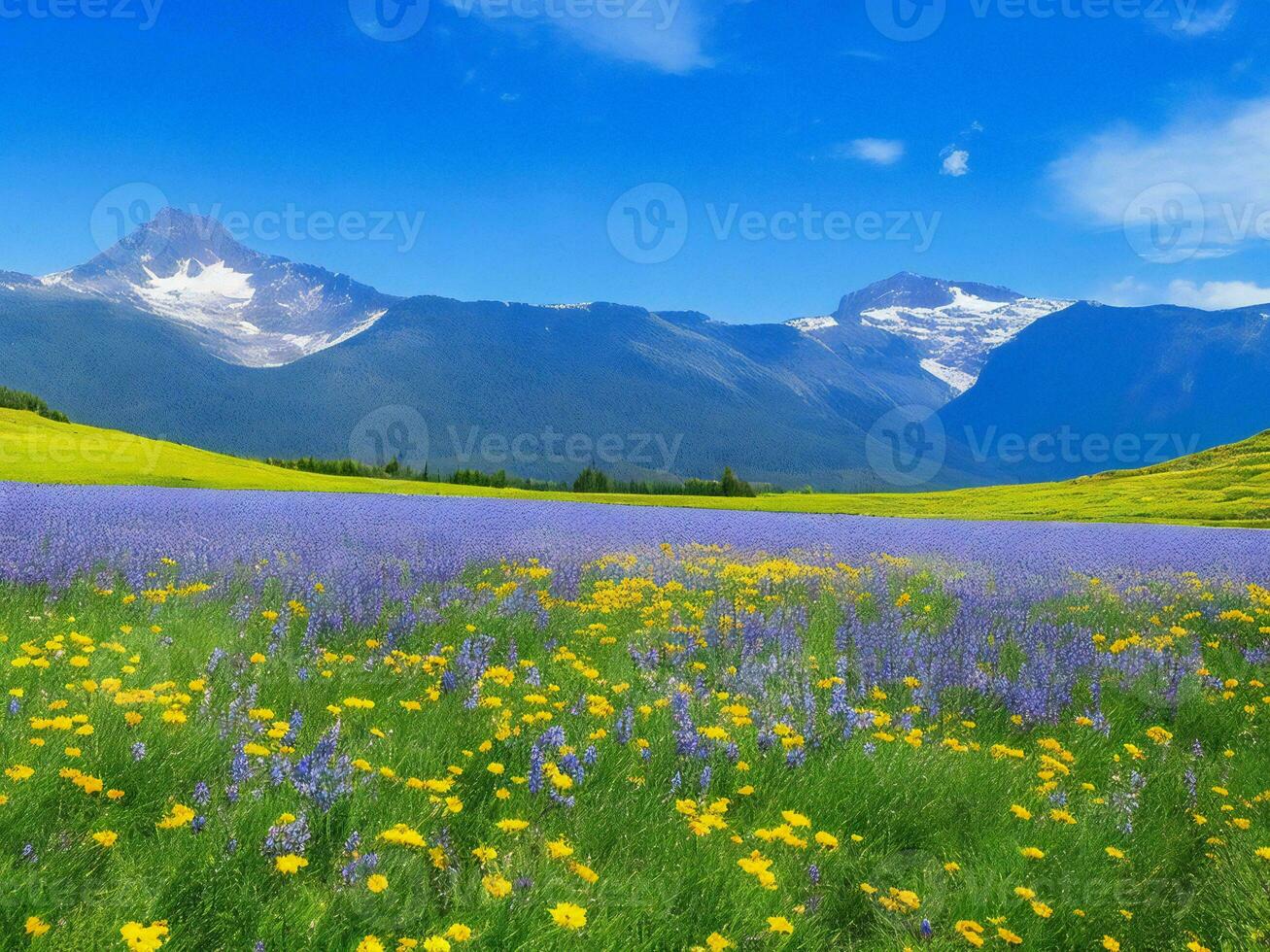 flores silvestres en un prado con montañas en el antecedentes ai generado foto