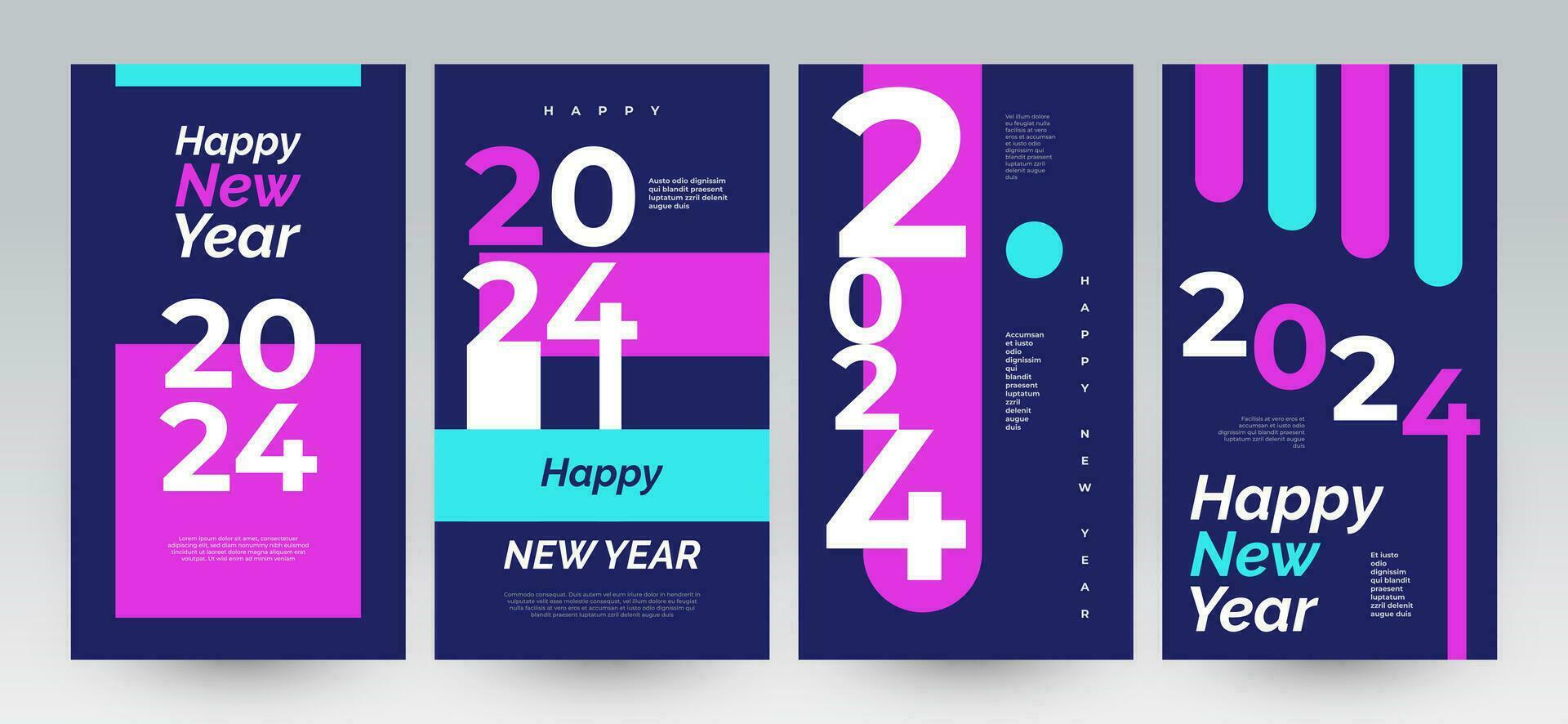 Creative and Colorful 2024 Happy New Year Poster Set. Suitable, for Card, Banner, Poster, Flyer, Cover, and Social Media Post Template vector