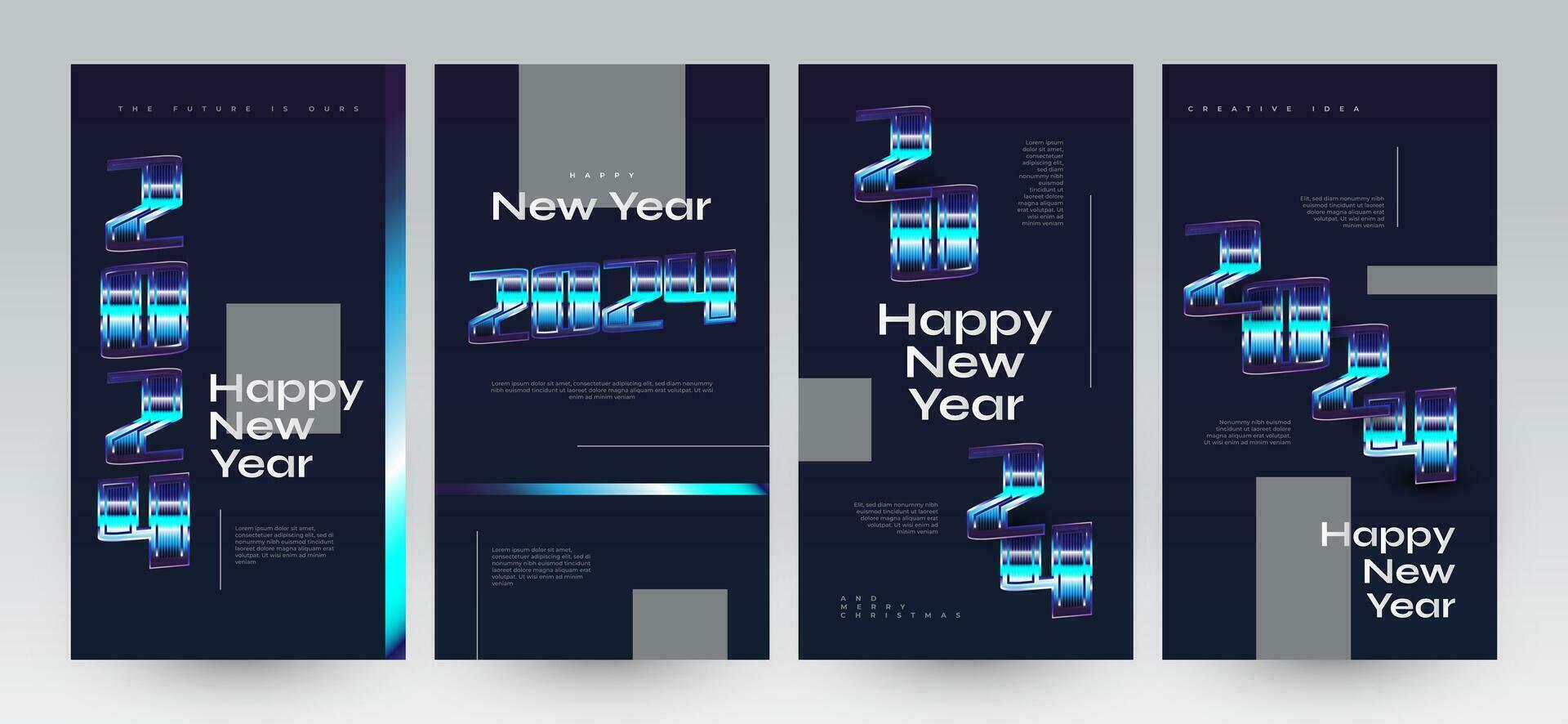 Creative and Futuristic Happy New Year 2024 Poster Set with 3D Numbers. Suitable, for Card, Banner, Poster, Flyer, Cover, and Social Media Post Template vector