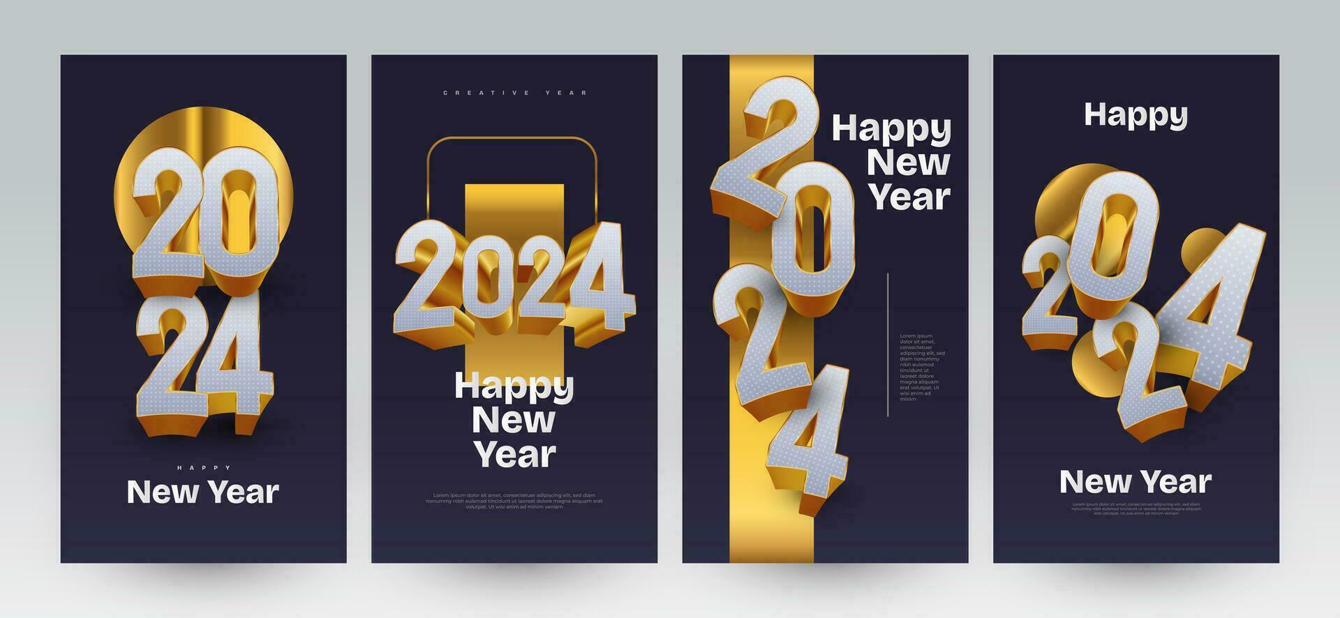 Elegant Happy New Year 2024 Poster Set with 3D Numbers. Suitable, for Card, Banner, Poster, Flyer, Cover, and Social Media Post Template vector