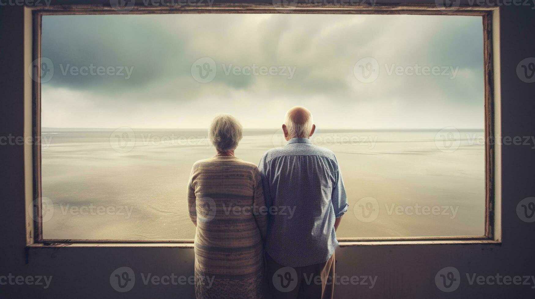 Generative AI, A senior couple looking to the ocean or sea, having fun at the beach photo