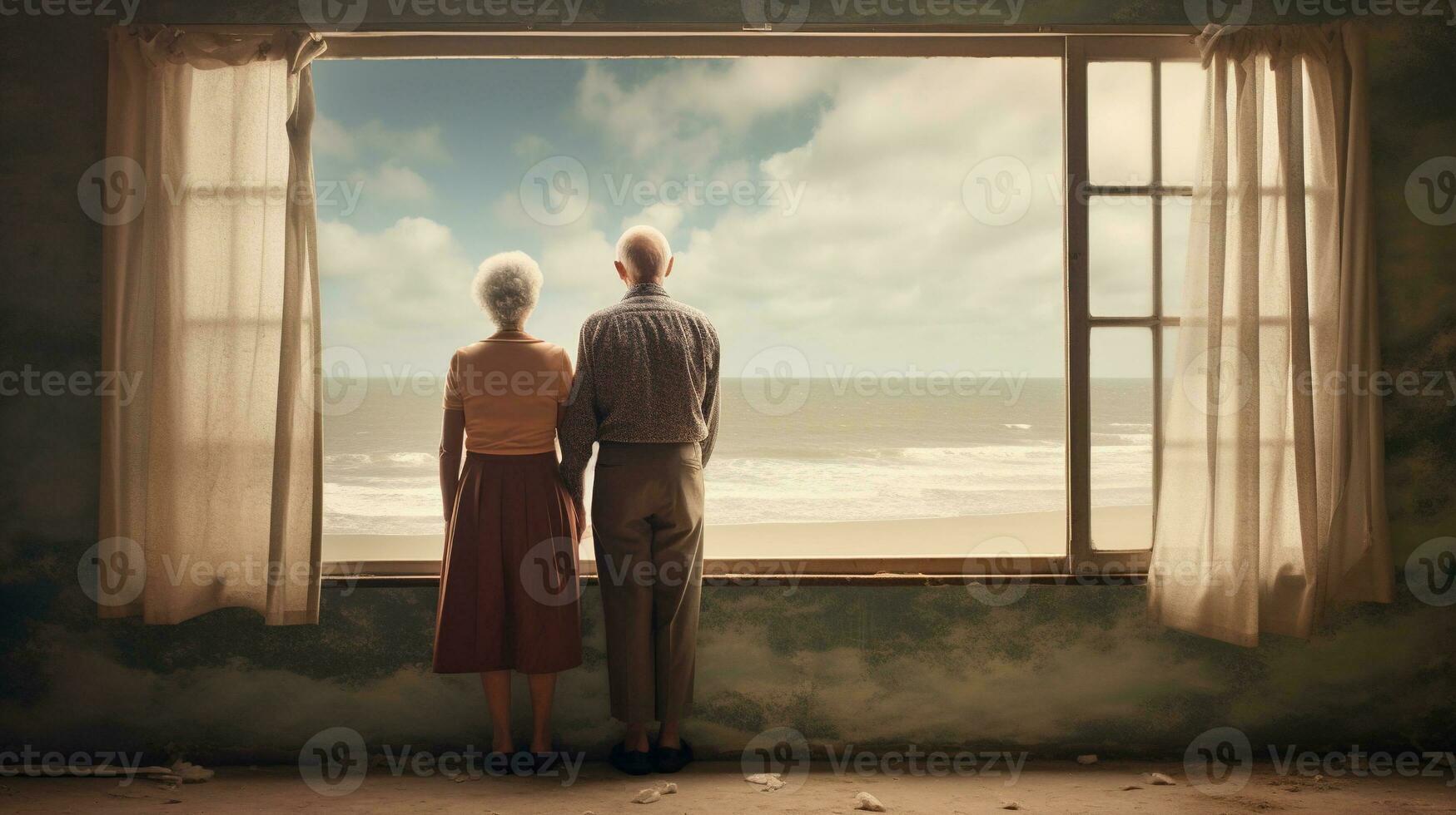 Generative AI, A senior couple looking to the ocean or sea, having fun at the beach photo