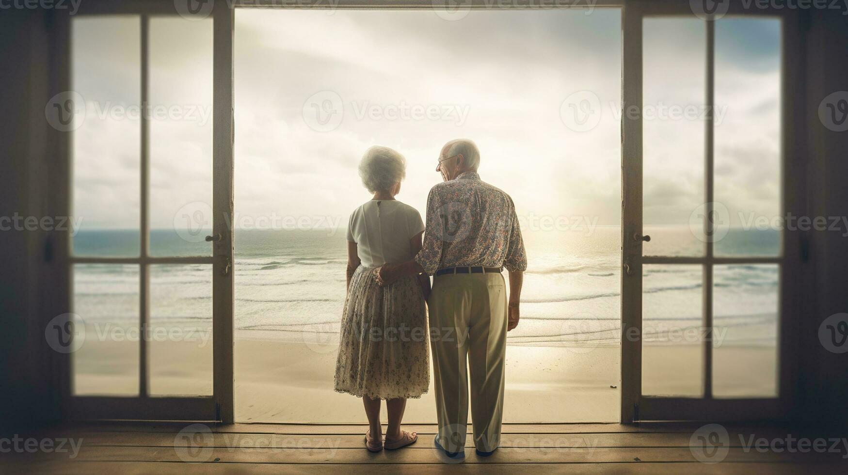 Generative AI, A senior couple looking to the ocean or sea, having fun at the beach photo