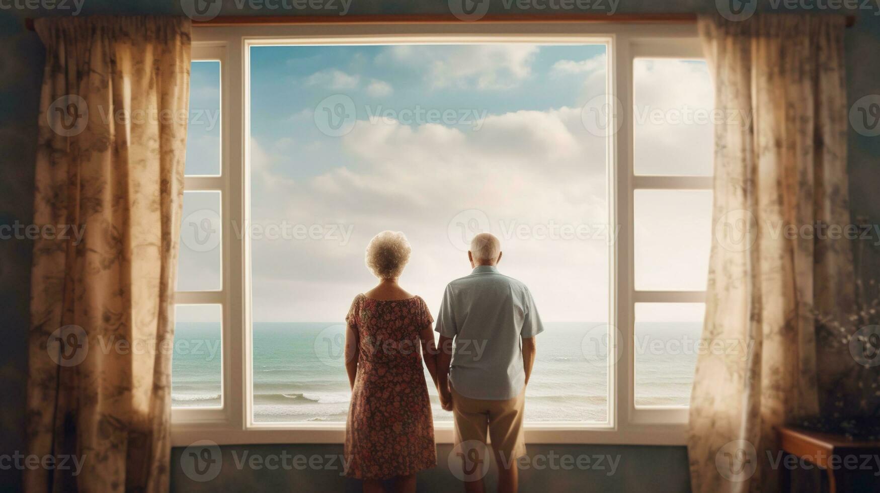 Generative AI, A senior couple looking to the ocean or sea, having fun at the beach photo