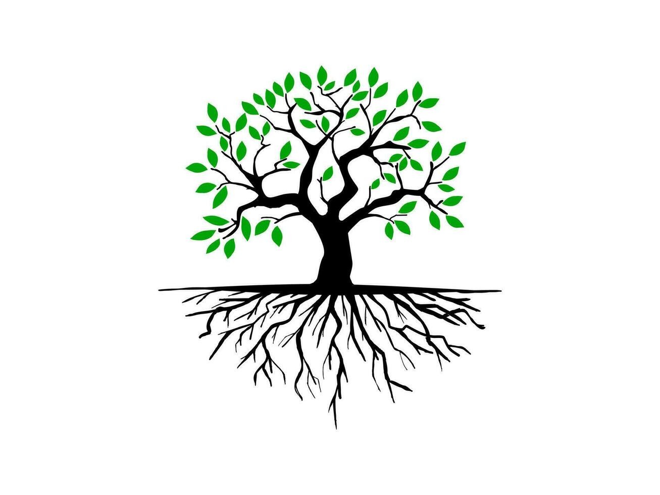 Trees and root with green leaves look beautiful and refreshing. Tree and roots LOGO style. vector