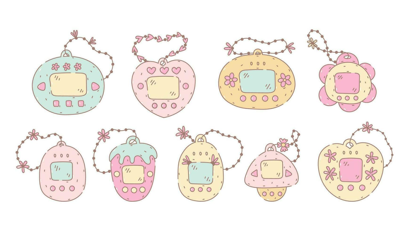 Virtual Pet Simulation Games doodle set vector