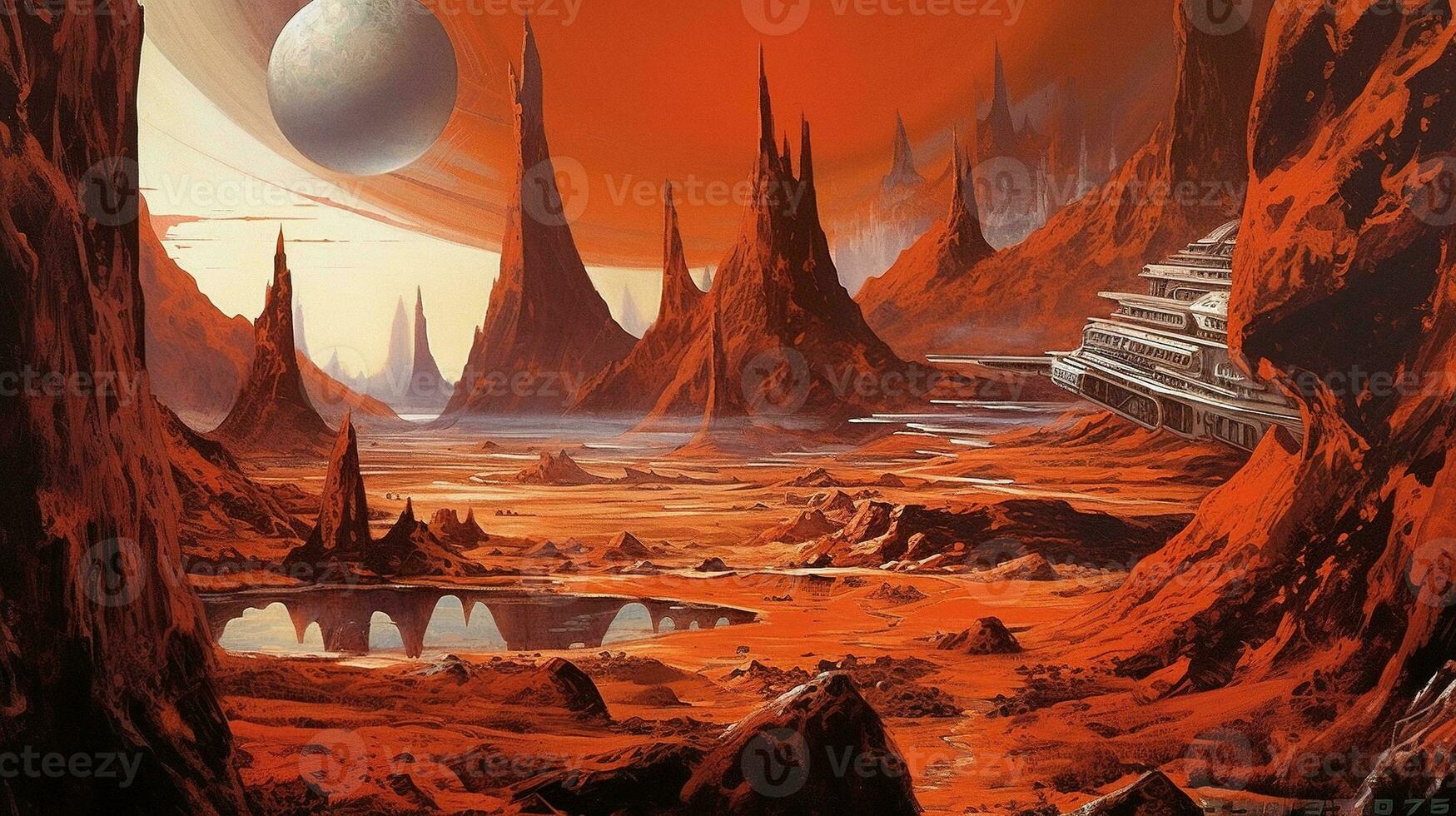 Generative AI, Surreal view from the orange planet landscape, sci-fi illustration, red martian terrain. photo