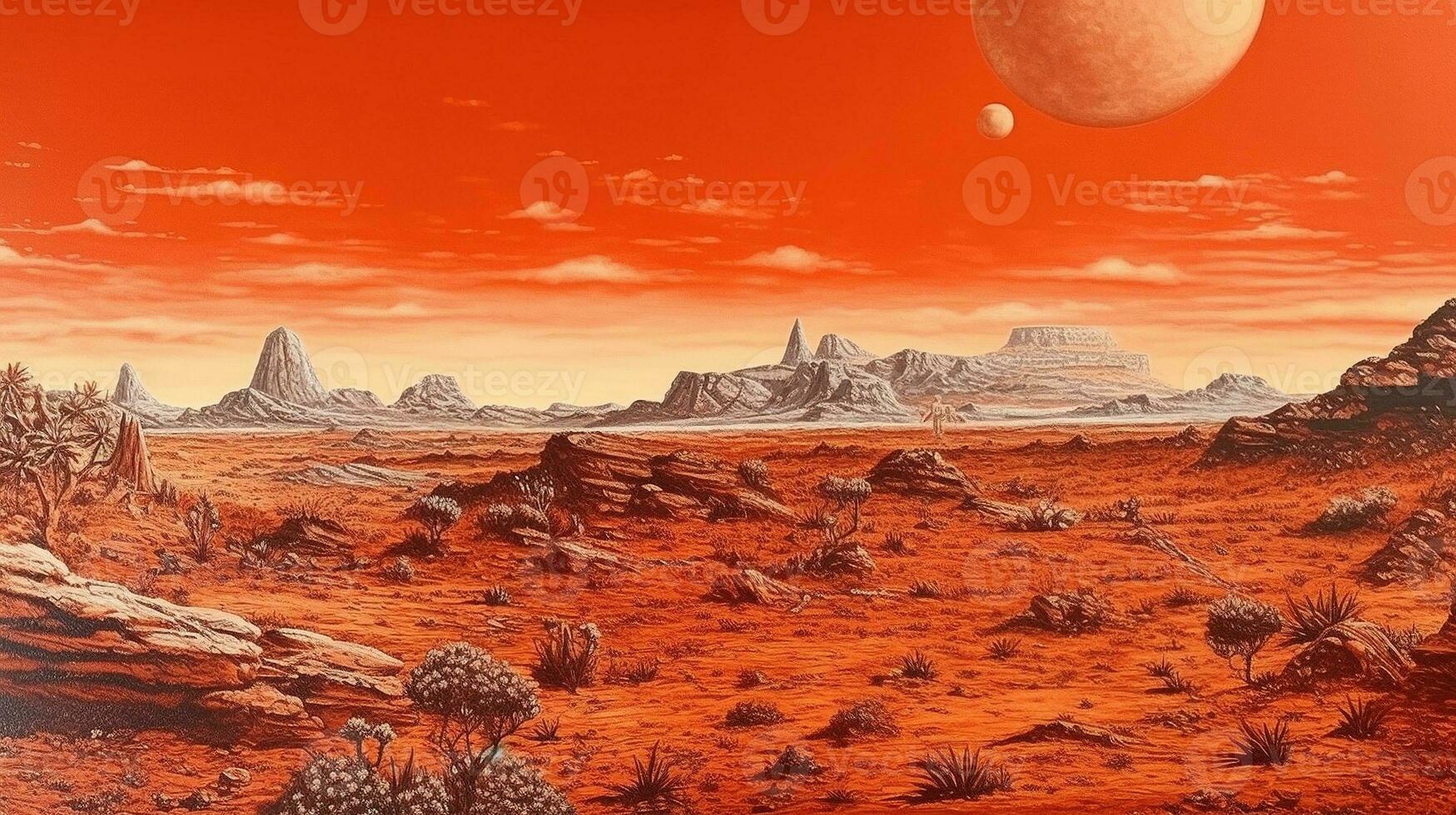 Generative AI, Surreal view from the orange planet landscape, sci-fi illustration, red martian terrain. photo