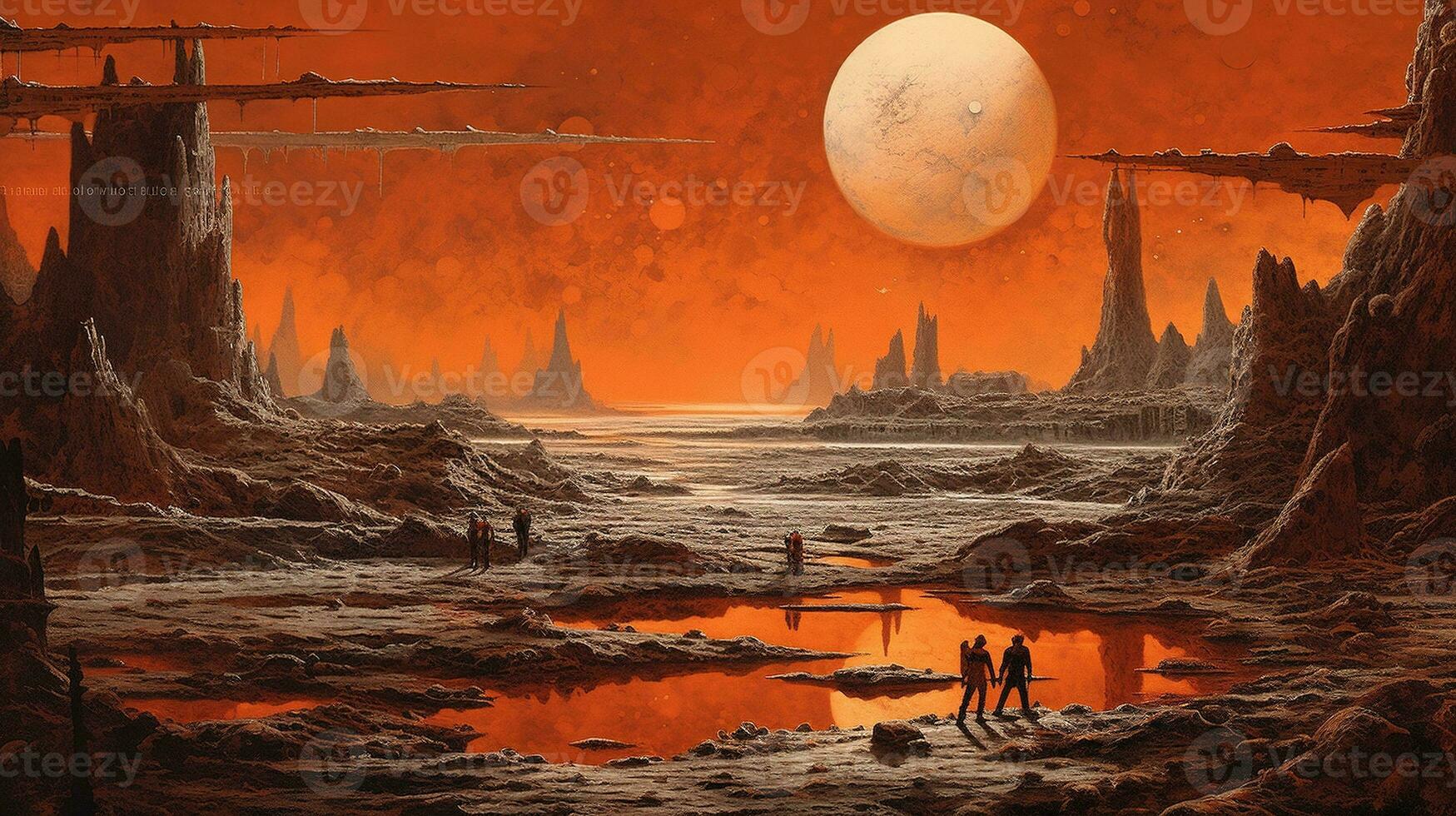 Generative AI, Surreal view from the orange planet landscape, sci-fi illustration, red martian terrain. photo
