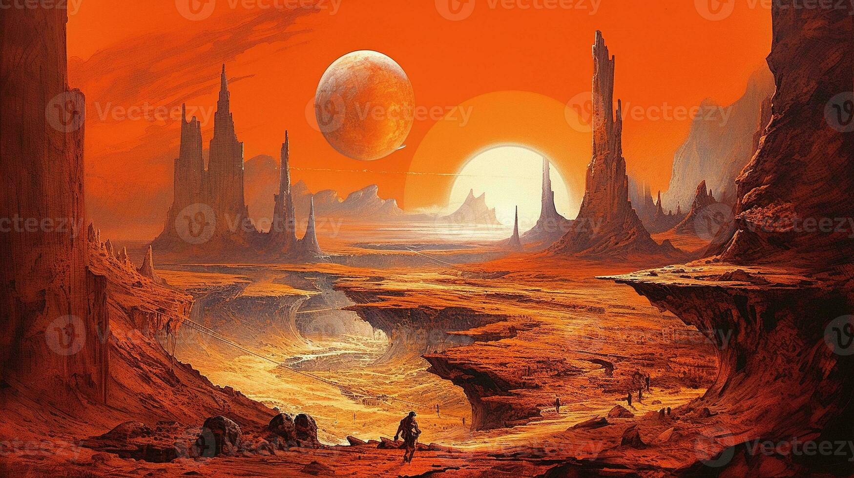 Generative AI, Surreal view from the orange planet landscape, sci-fi illustration, red martian terrain. photo