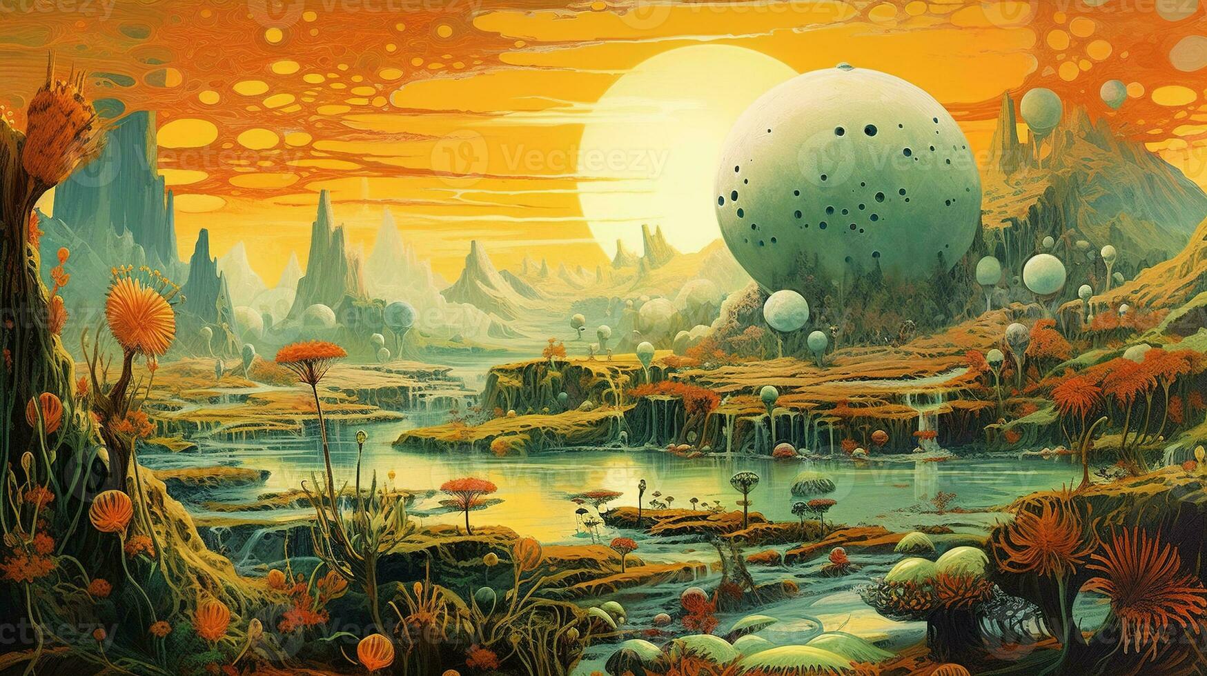 Generative AI, Surreal view from the orange and green planet landscape, sci-fi illustration, red martian terrain. photo