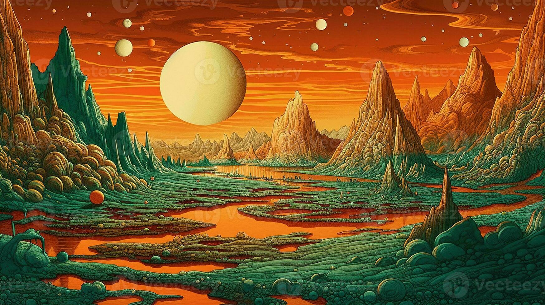 Generative AI, Surreal view from the orange and green planet landscape, sci-fi illustration, red martian terrain. photo