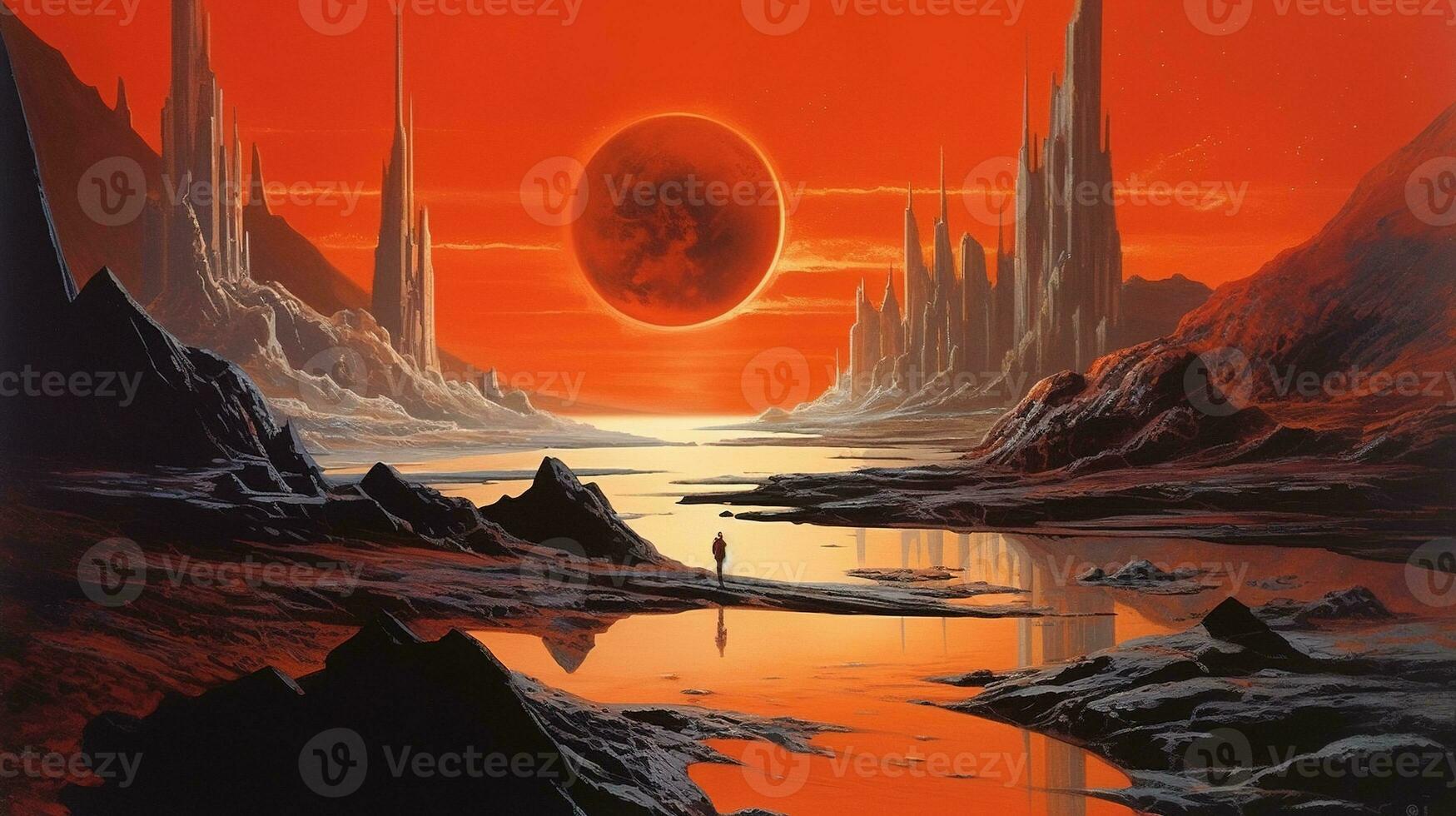 Generative AI, Surreal view from the orange planet landscape, sci-fi illustration, red martian terrain. photo