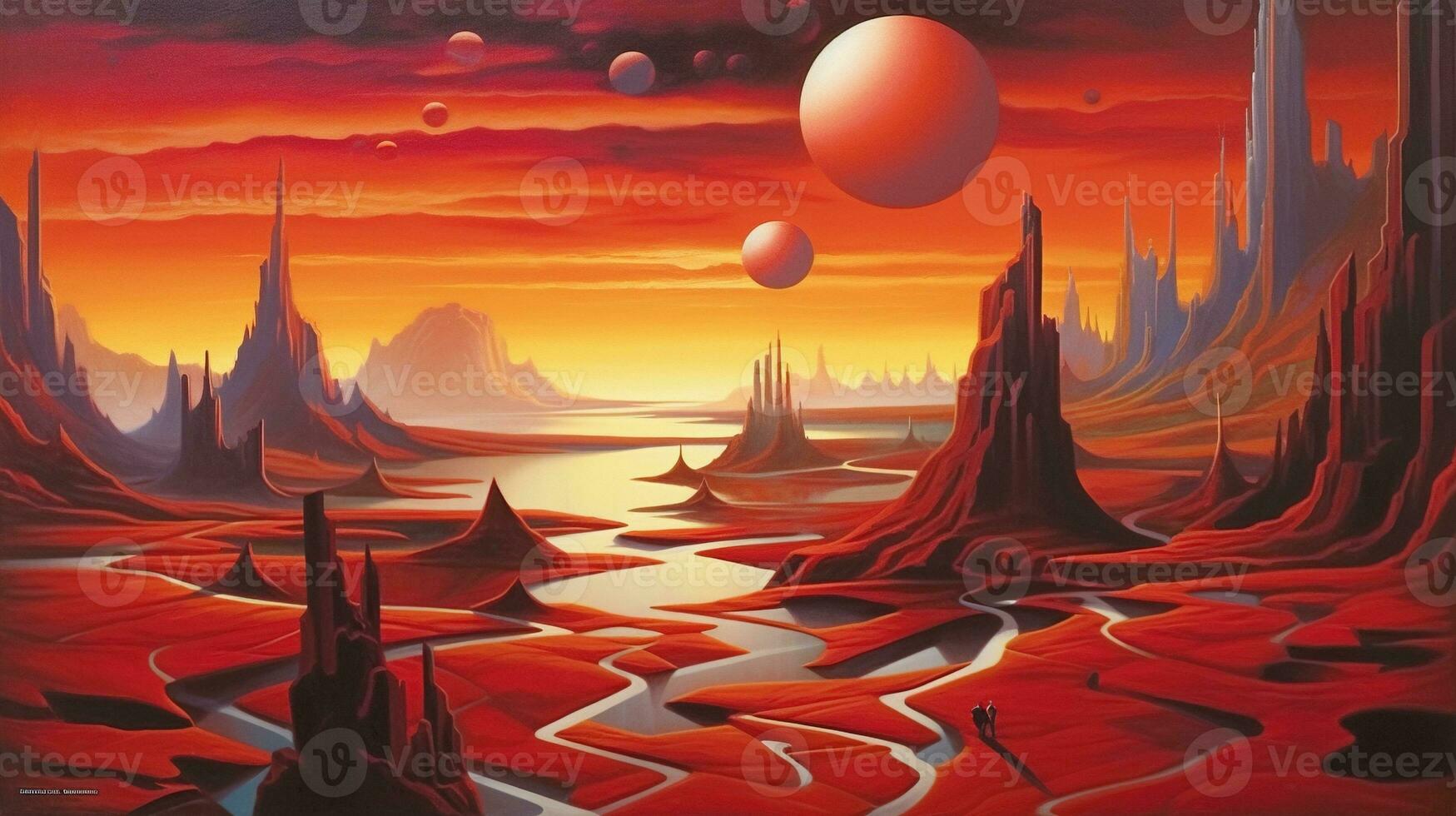 Generative AI, Surreal view from the orange planet landscape, sci-fi illustration, red martian terrain. photo