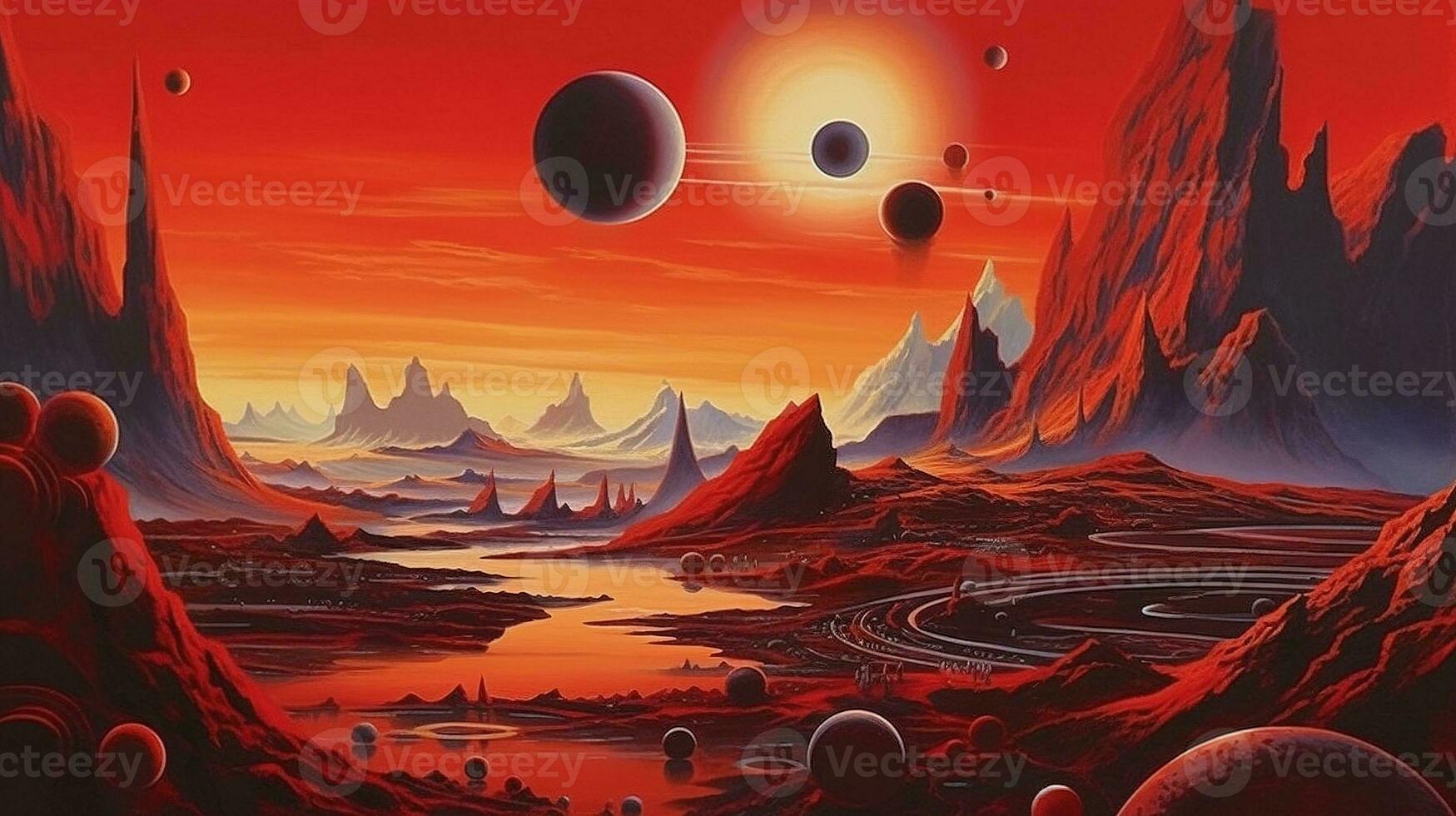 Generative AI, Surreal view from the orange planet landscape, sci-fi illustration, red martian terrain. photo