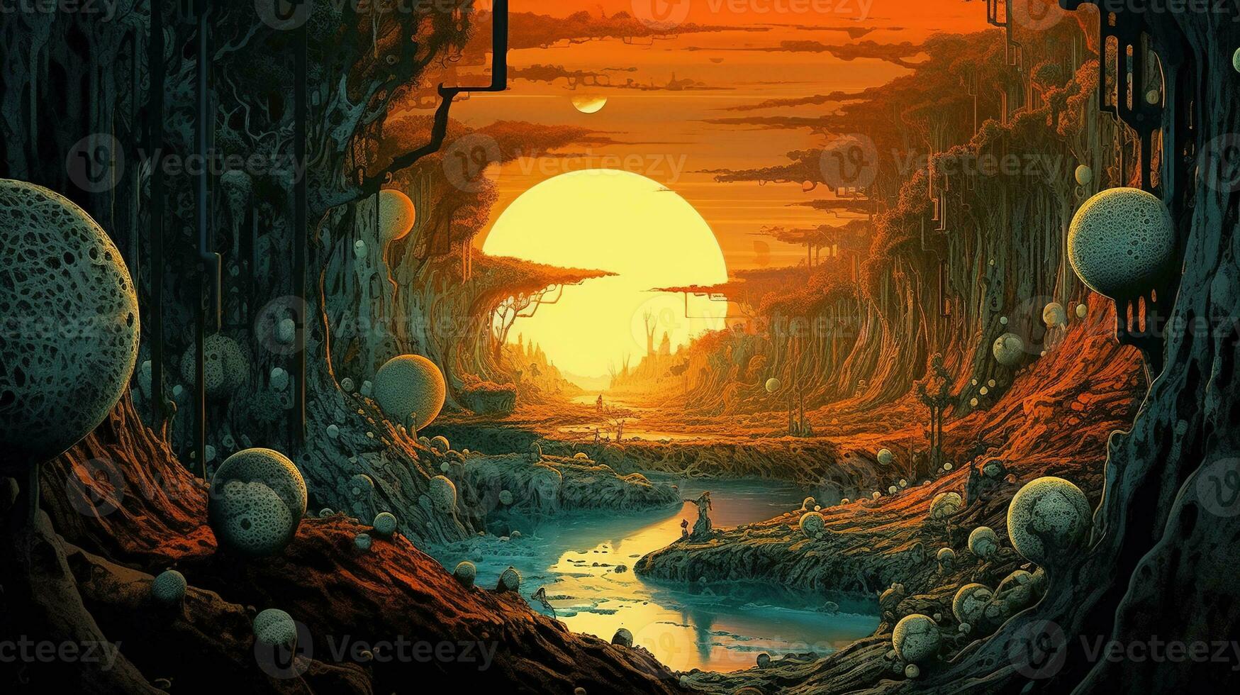Generative AI, Surreal view from the orange and green planet landscape, sci-fi illustration, red martian terrain. photo