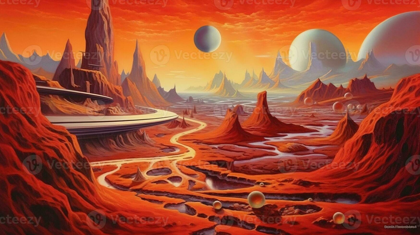 Generative AI, Surreal view from the orange planet landscape, sci-fi illustration, red martian terrain. photo
