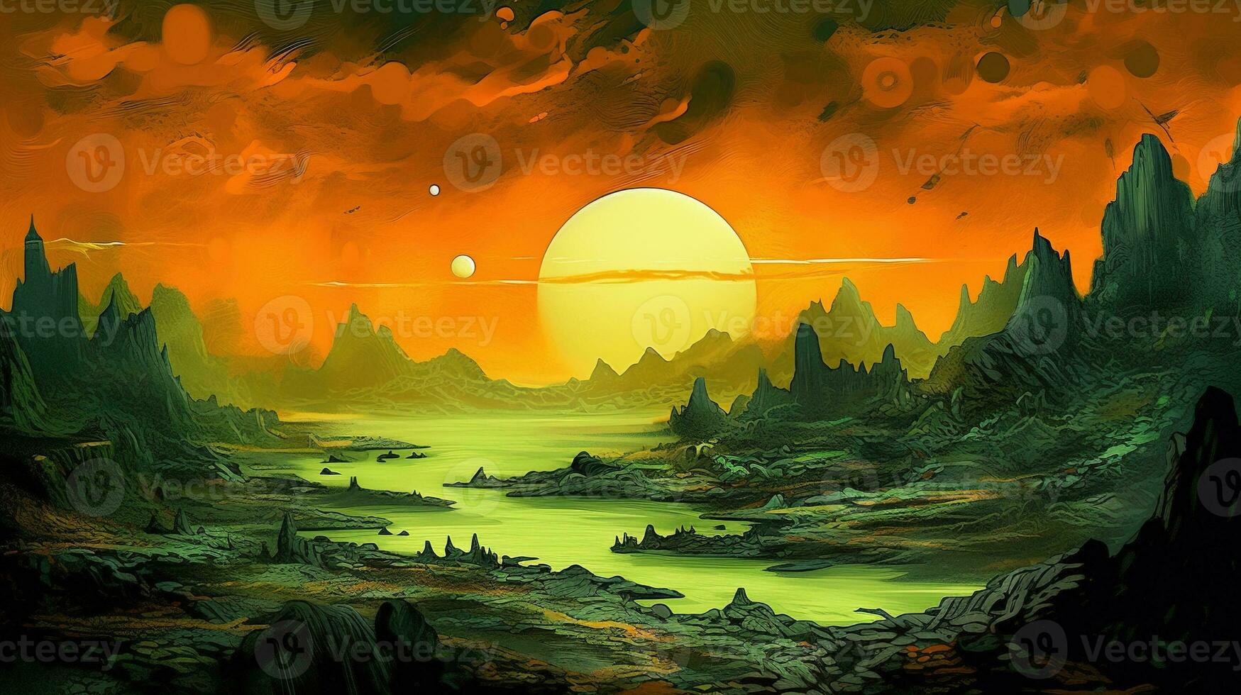 Generative AI, Surreal view from the orange and green planet landscape, sci-fi illustration, red martian terrain. photo
