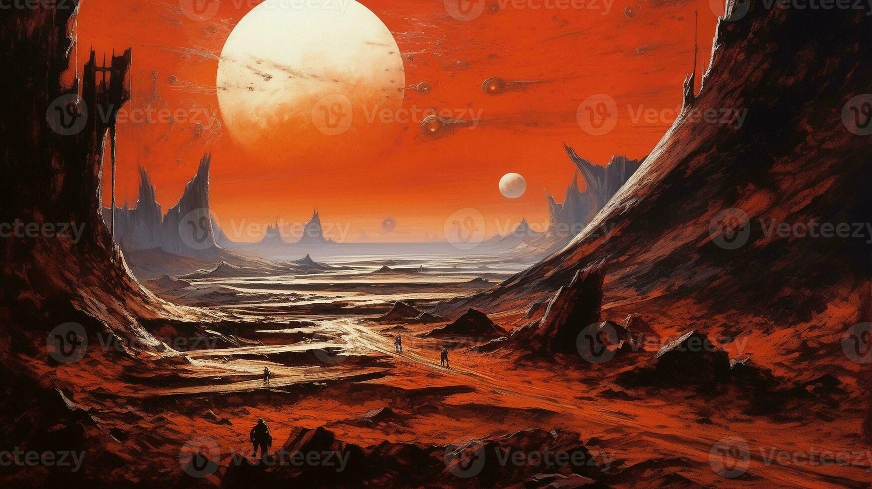 Generative AI, Surreal view from the orange planet landscape, sci-fi illustration, red martian terrain. photo