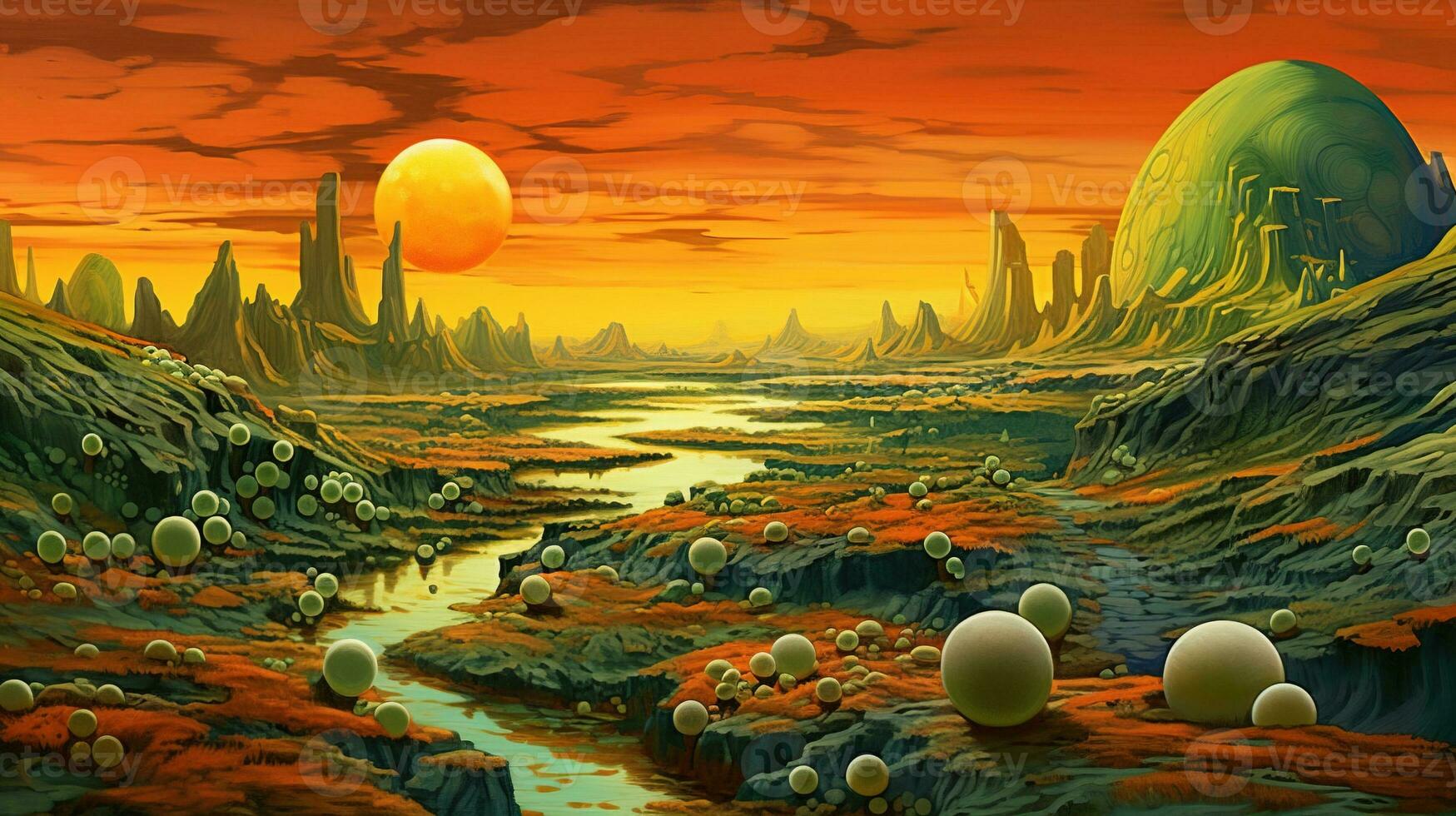 Generative AI, Surreal view from the orange and green planet landscape, sci-fi illustration, red martian terrain. photo