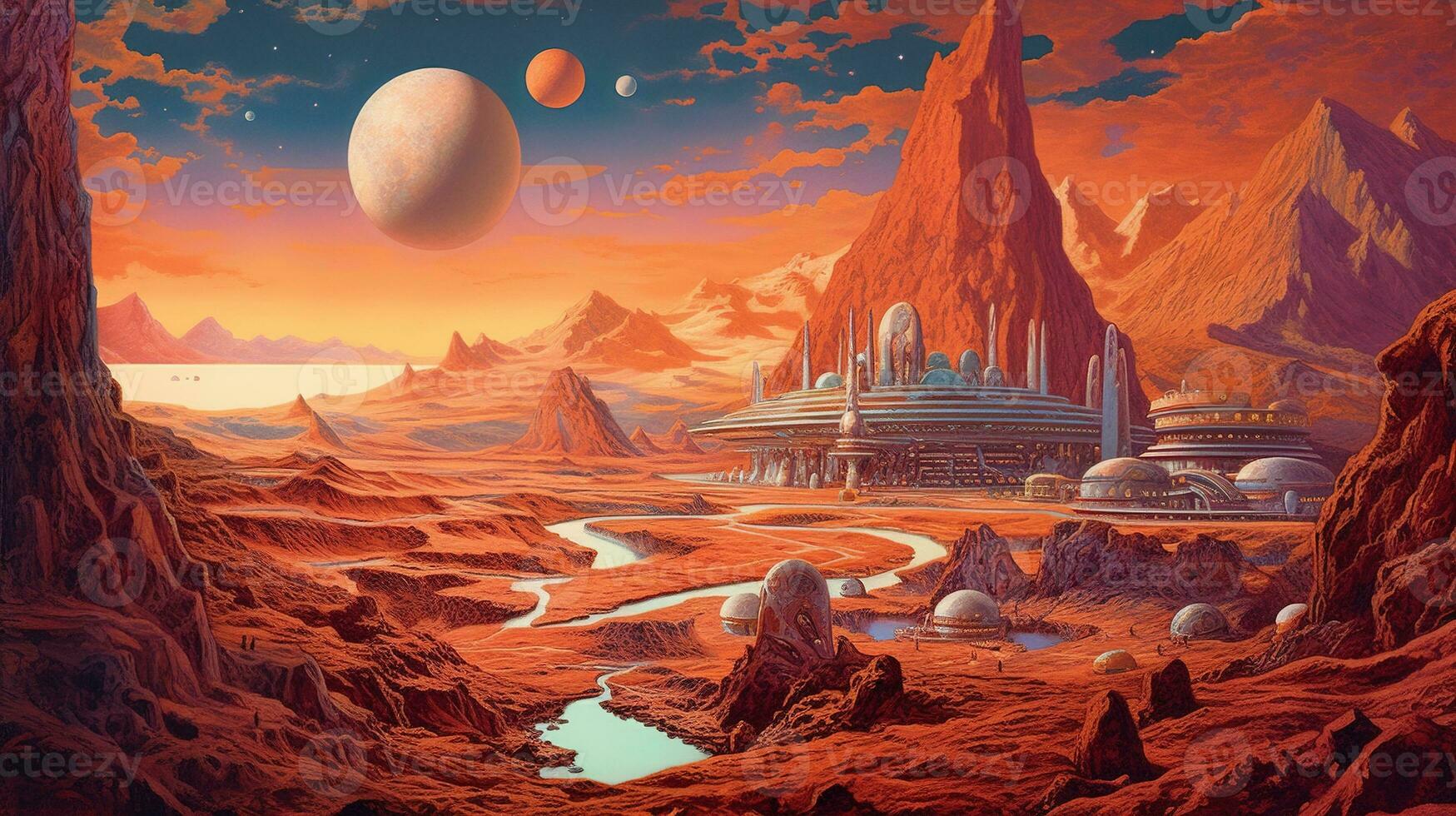 Generative AI, Surreal view from the orange planet landscape, sci-fi illustration, red martian terrain. photo