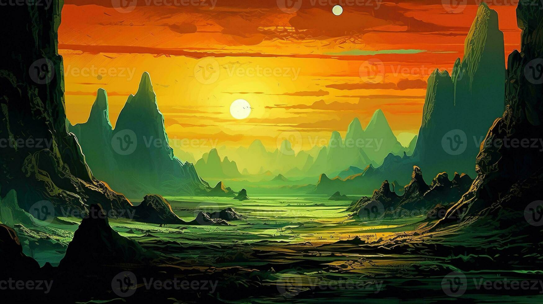 Generative AI, Surreal view from the orange and green planet landscape, sci-fi illustration, red martian terrain. photo