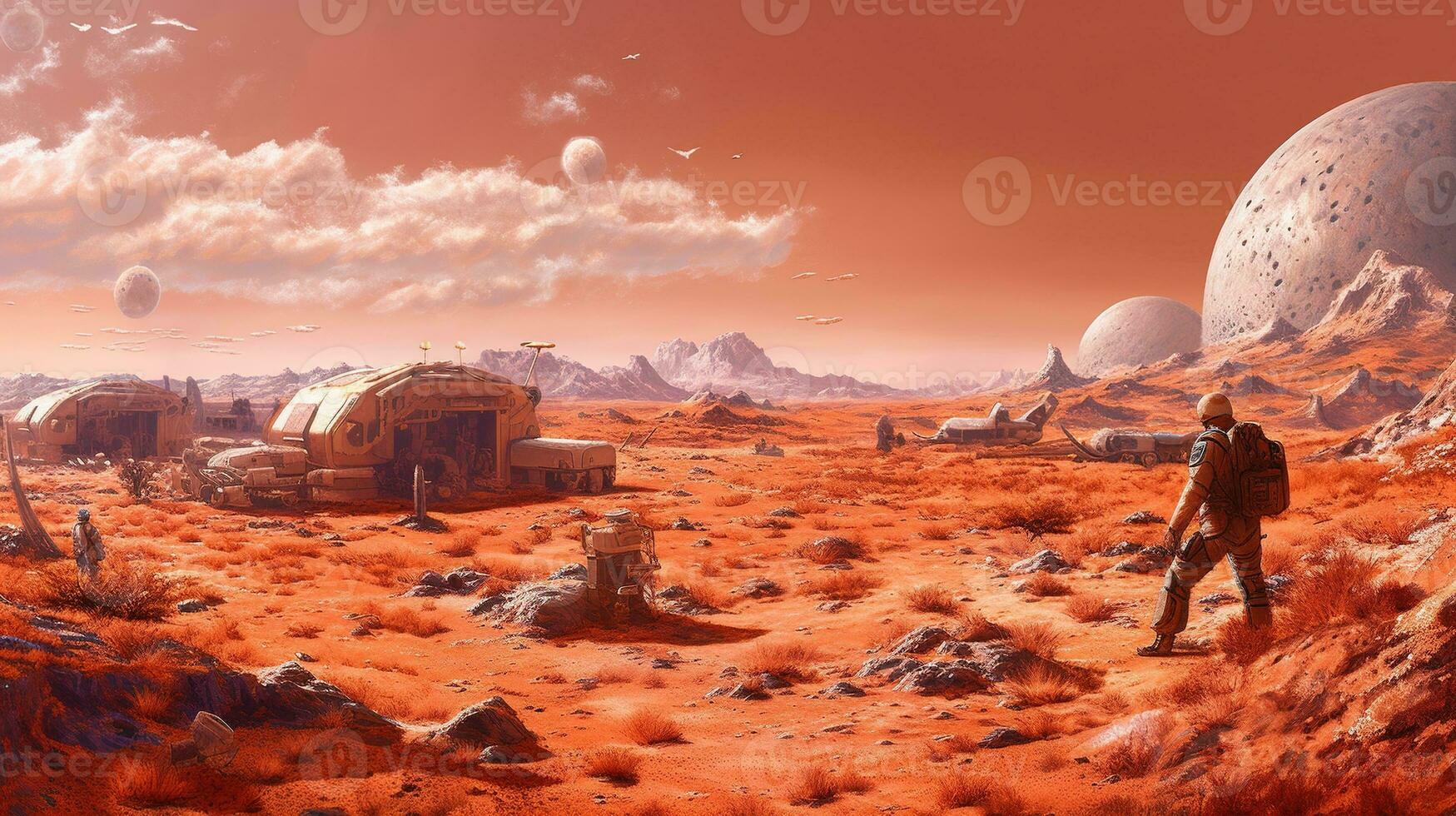 Generative AI, Surreal view from the orange planet landscape, sci-fi illustration, red martian terrain. photo