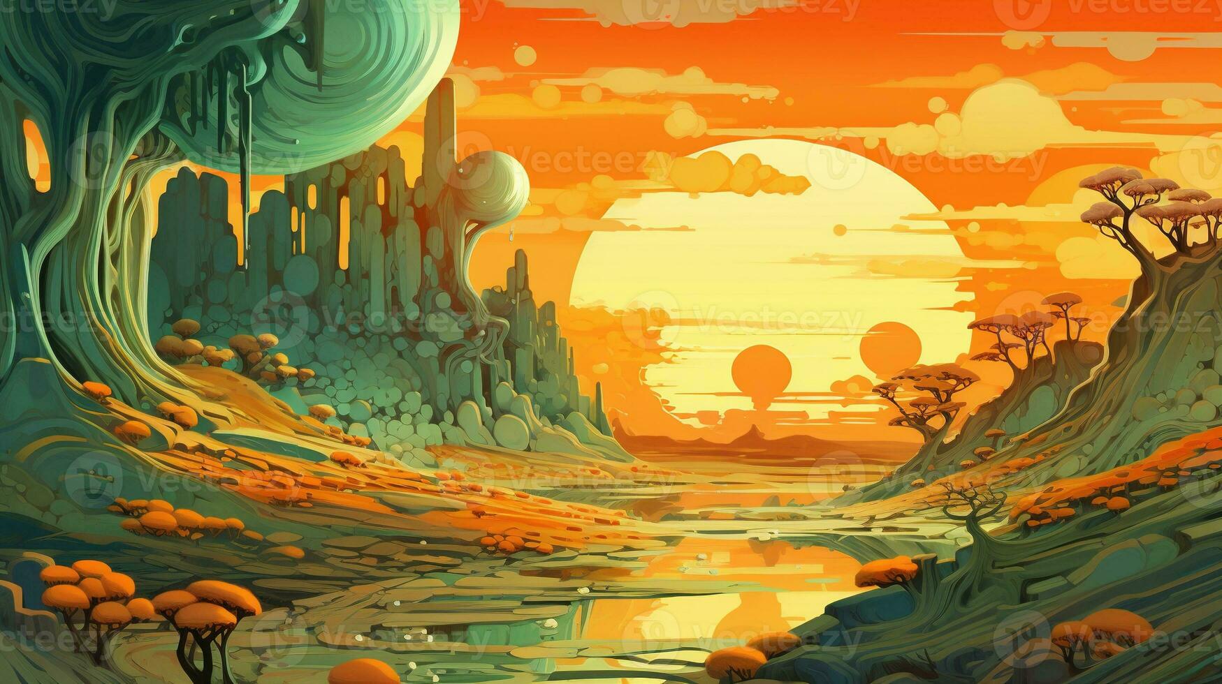 Generative AI, Surreal view from the orange and green planet landscape, sci-fi illustration, red martian terrain. photo