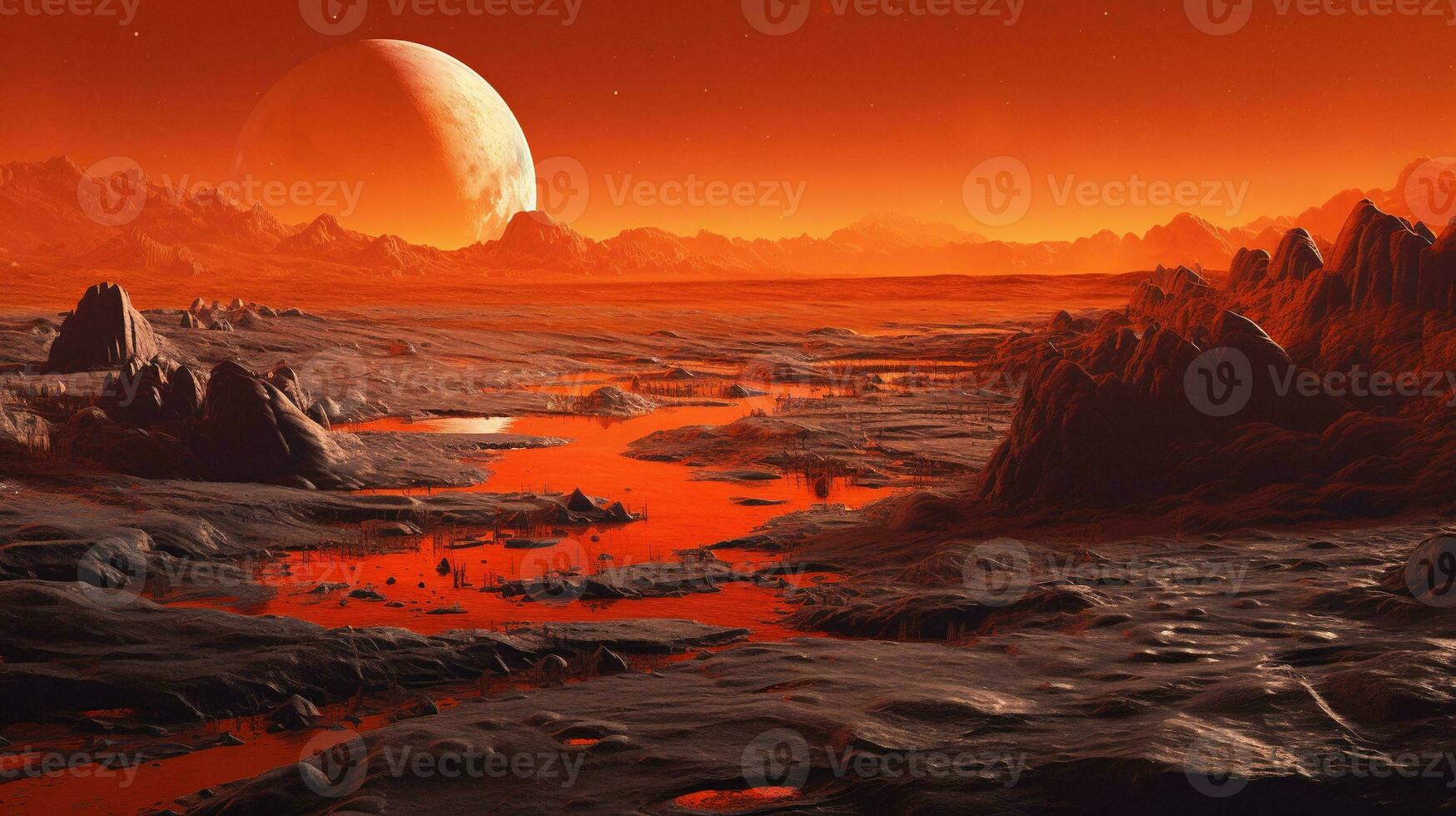 Generative AI, Surreal view from the orange planet landscape, sci-fi illustration, red martian terrain. photo