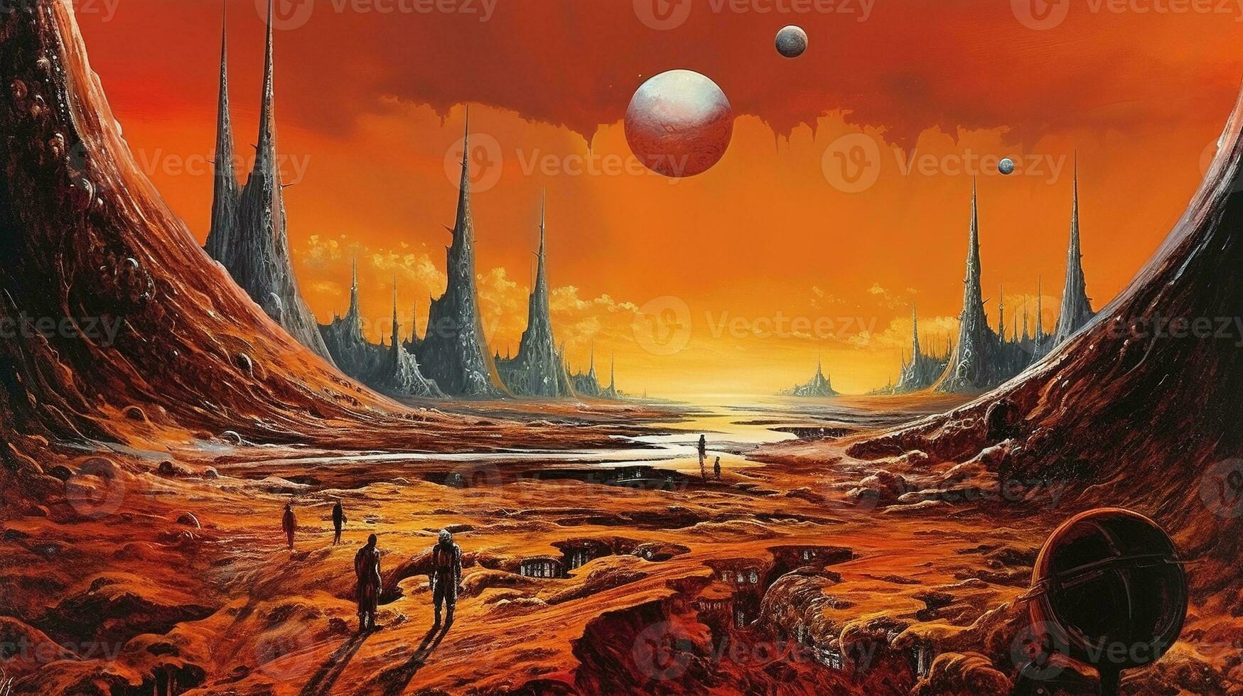 Generative AI, Surreal view from the orange planet landscape, sci-fi illustration, red martian terrain. photo