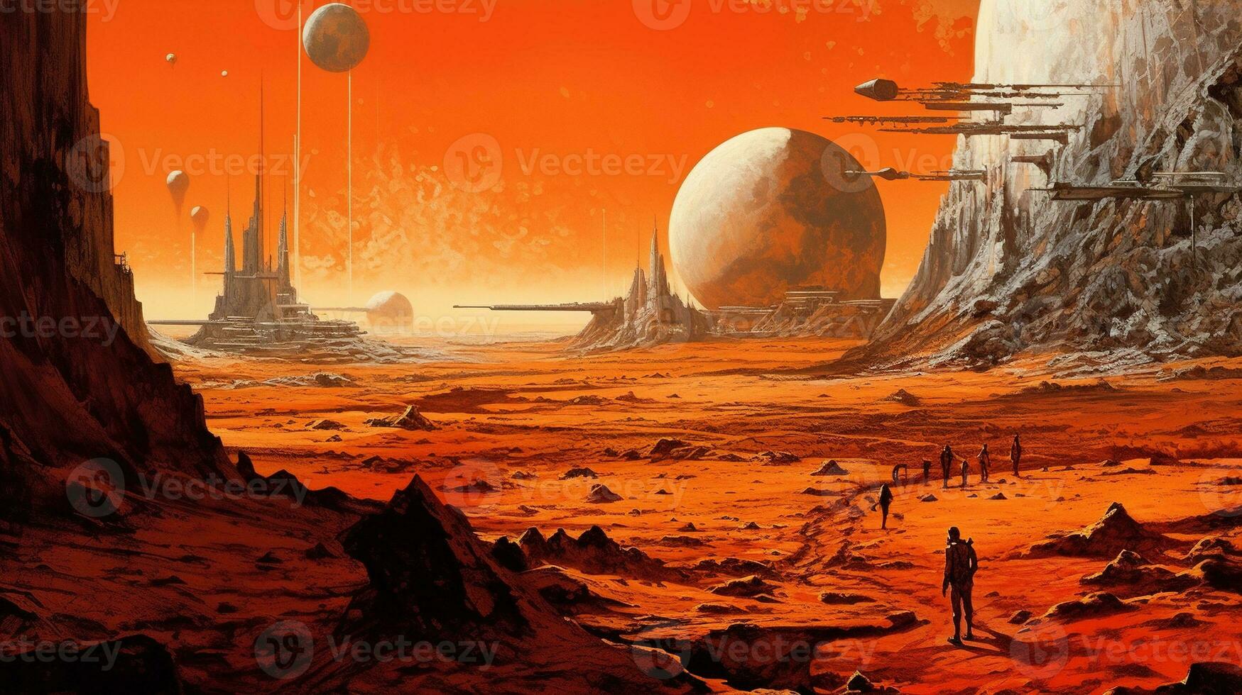 Generative AI, Surreal view from the orange planet landscape, sci-fi illustration, red martian terrain. photo