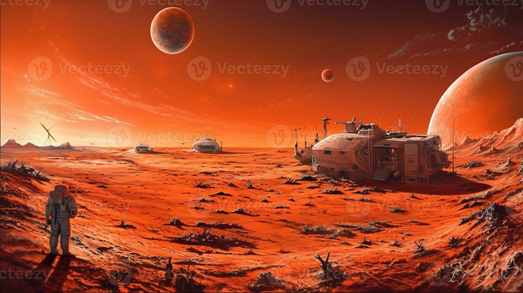 Generative AI, Surreal view from the orange planet landscape, sci-fi illustration, red martian terrain. photo
