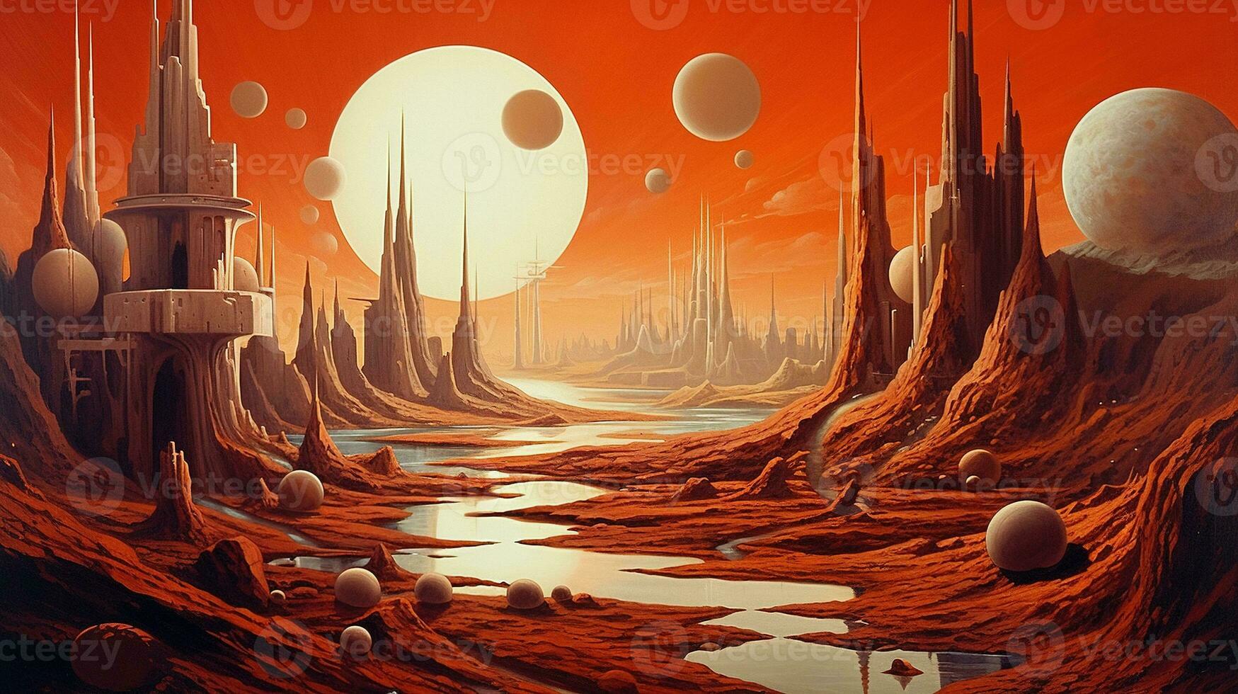 Generative AI, Surreal view from the orange planet landscape, sci-fi illustration, red martian terrain. photo