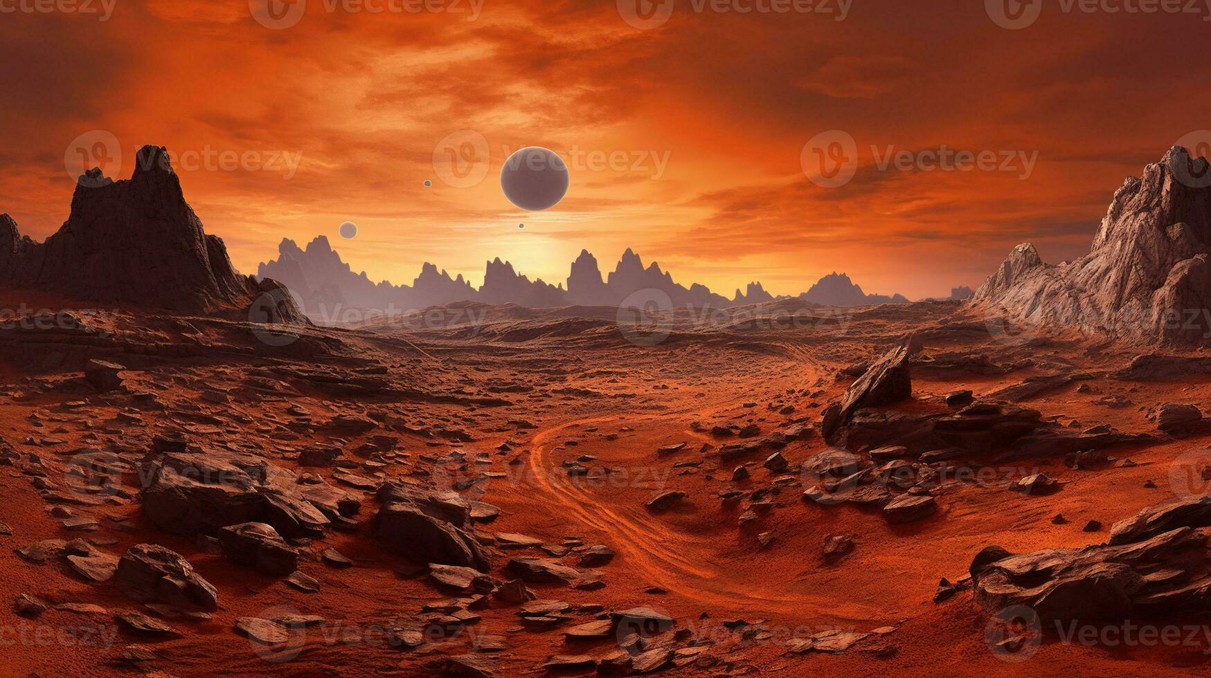 Generative AI, Surreal view from the orange planet landscape, sci-fi illustration, red martian terrain. photo