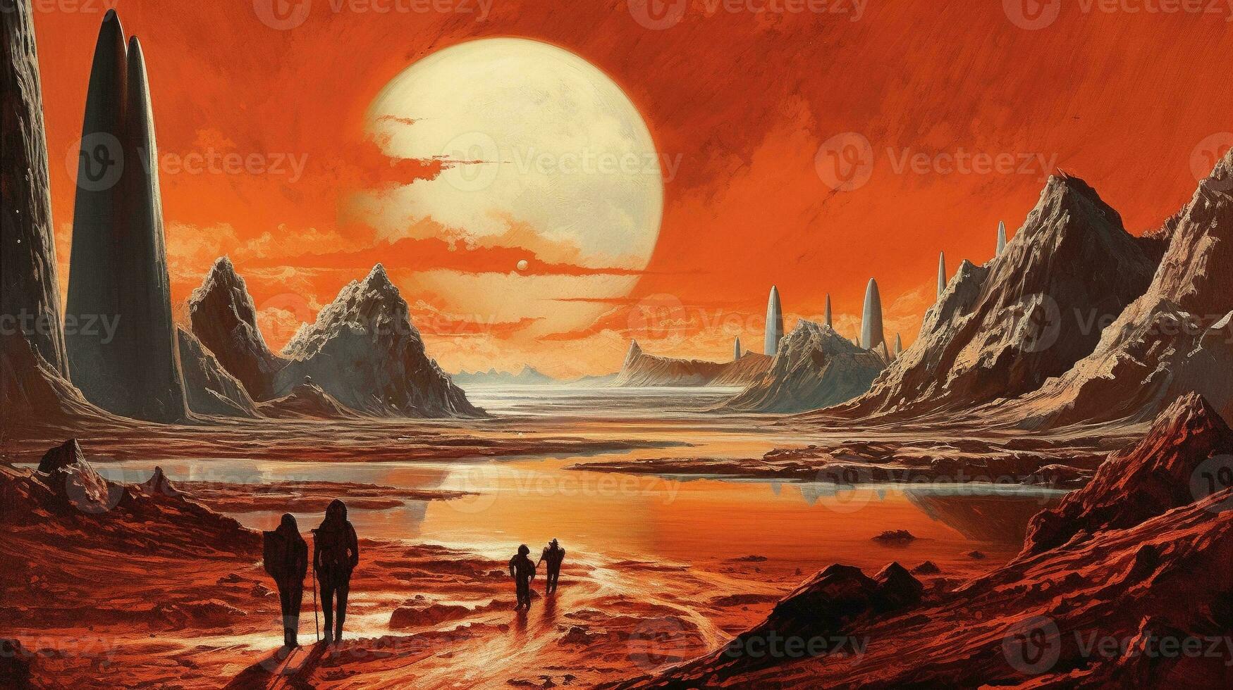 Generative AI, Surreal view from the orange planet landscape, sci-fi illustration, red martian terrain. photo