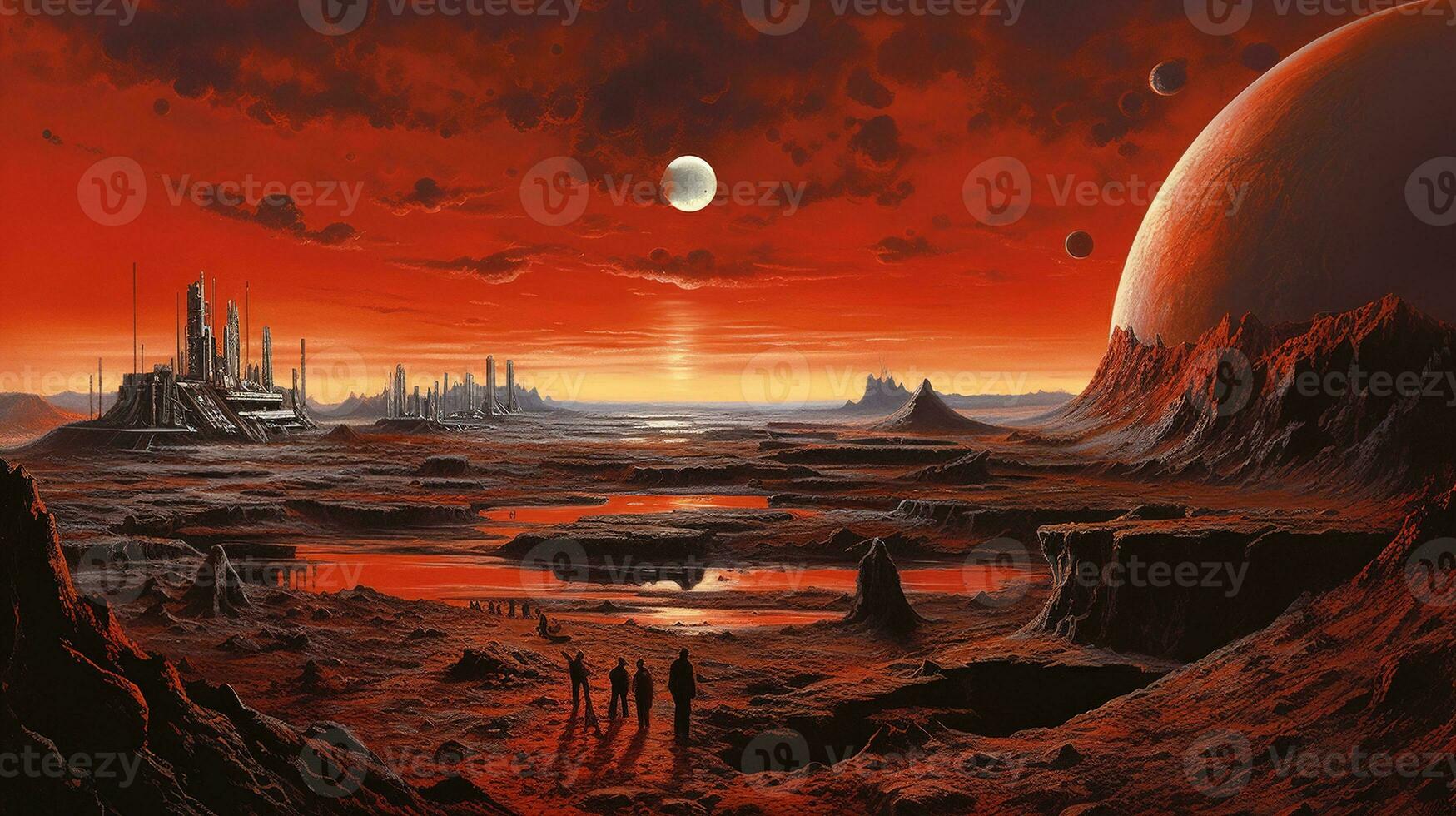 Generative AI, Surreal view from the orange planet landscape, sci-fi illustration, red martian terrain. photo