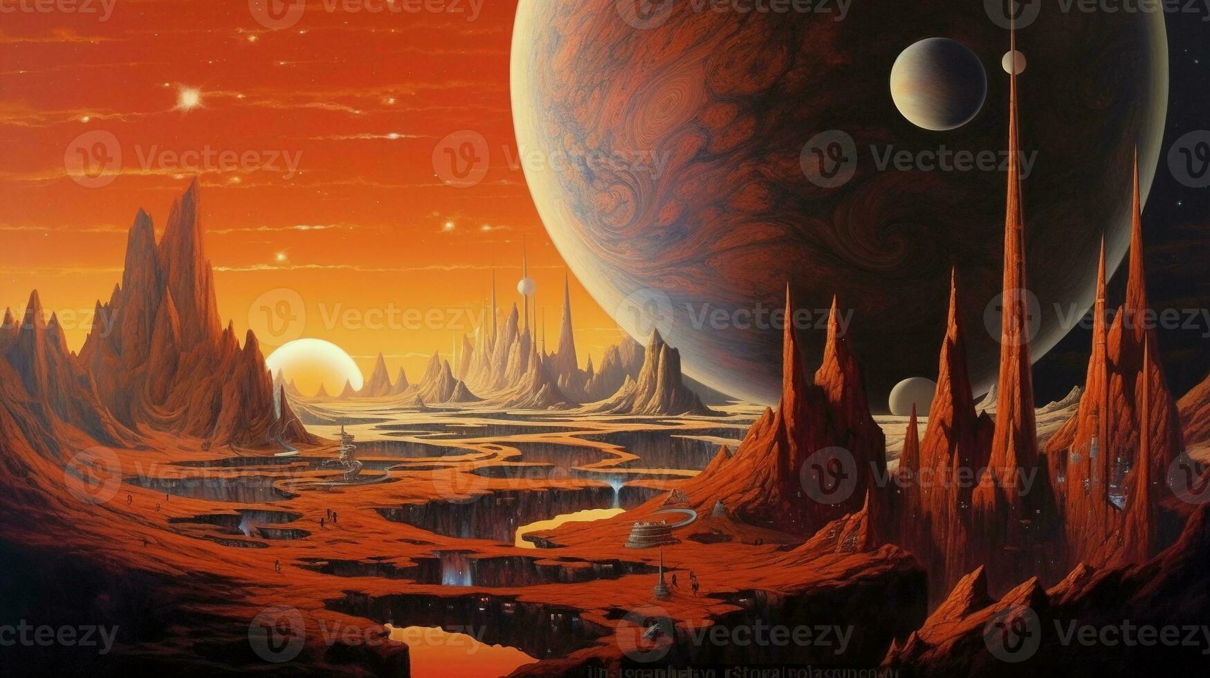 Generative AI, Surreal view from the orange planet landscape, sci-fi illustration, red martian terrain. photo