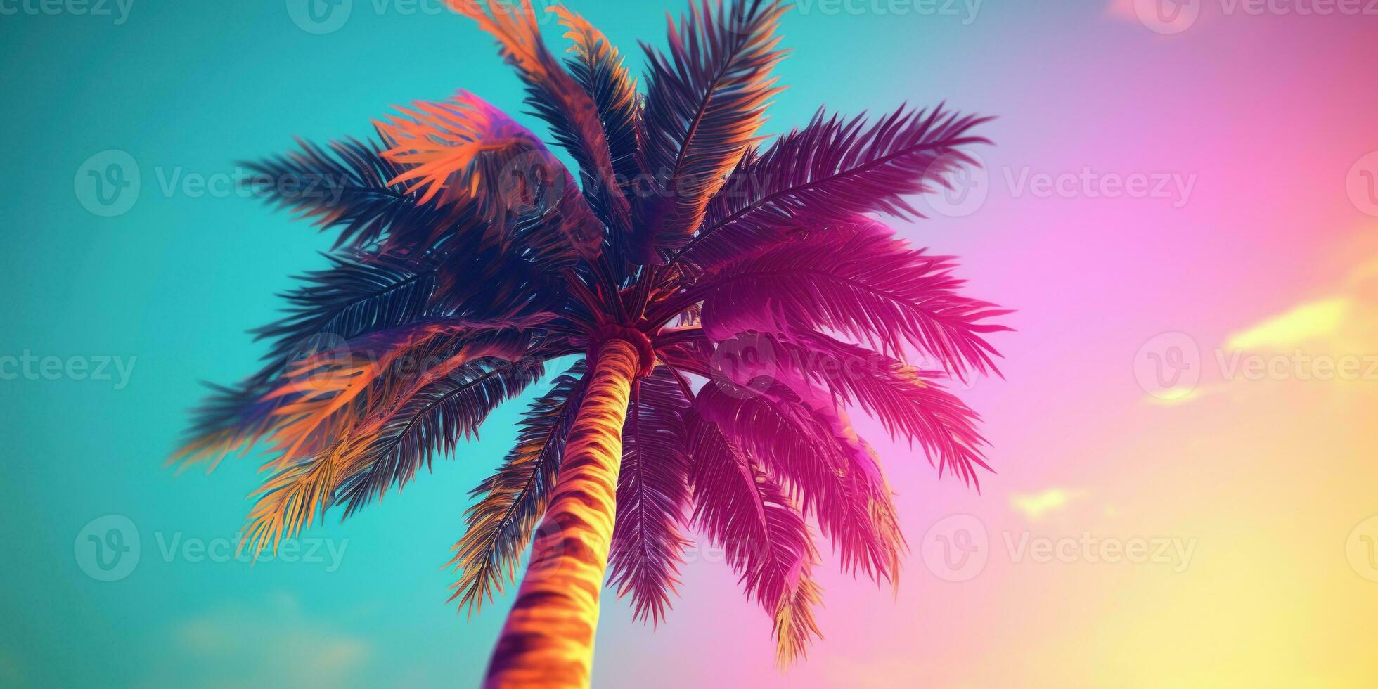 Generative AI, retro california coconut palms. Hawaii palm trees at sunset. Summer background photo