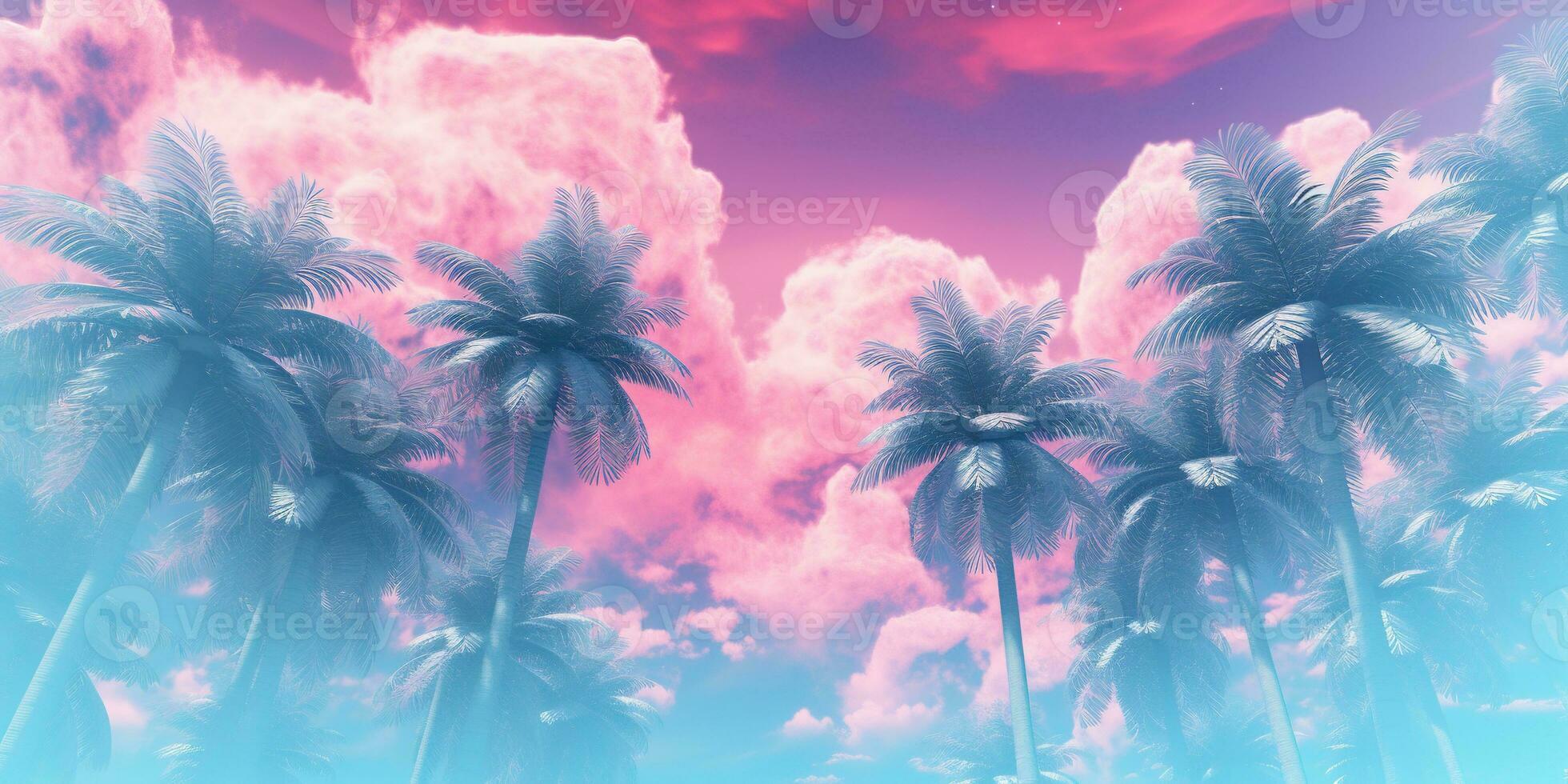 Generative AI, retro california coconut palms. Hawaii palm trees at sunset. Summer background photo