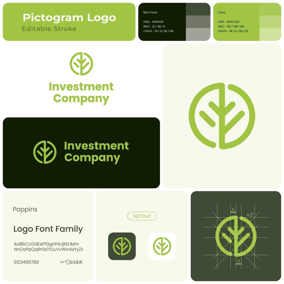 Investment company green line business logo. Brand name. Financial institution. Sprout symbol. Design element. Visual identity. Poppins font used. Suitable for asset manager, hedge fund startup vector