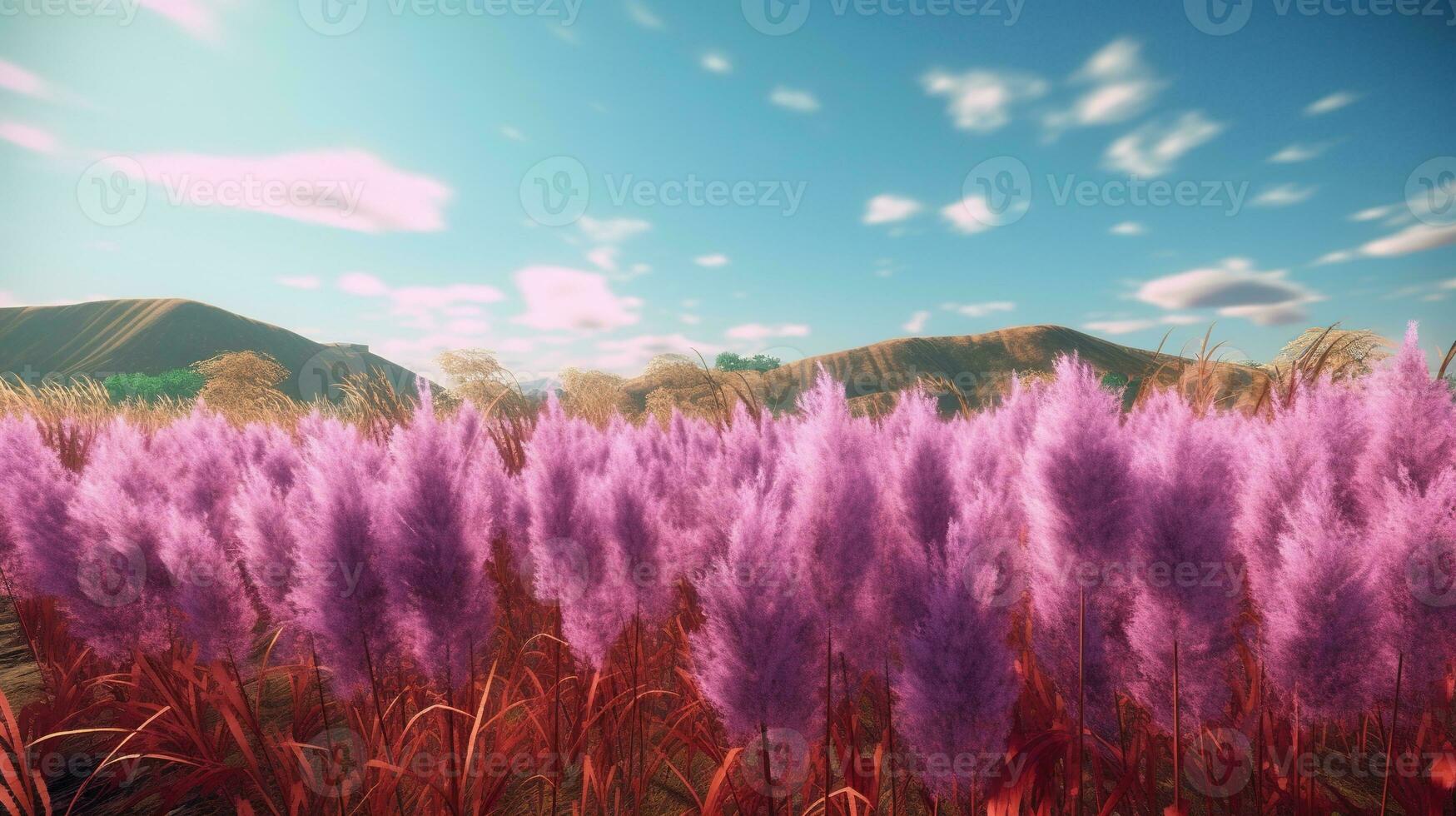 Generative AI, Pampa purple lavender color grass branch with sky. Abstract natural boho background of soft plants, Cortaderia selloana photo