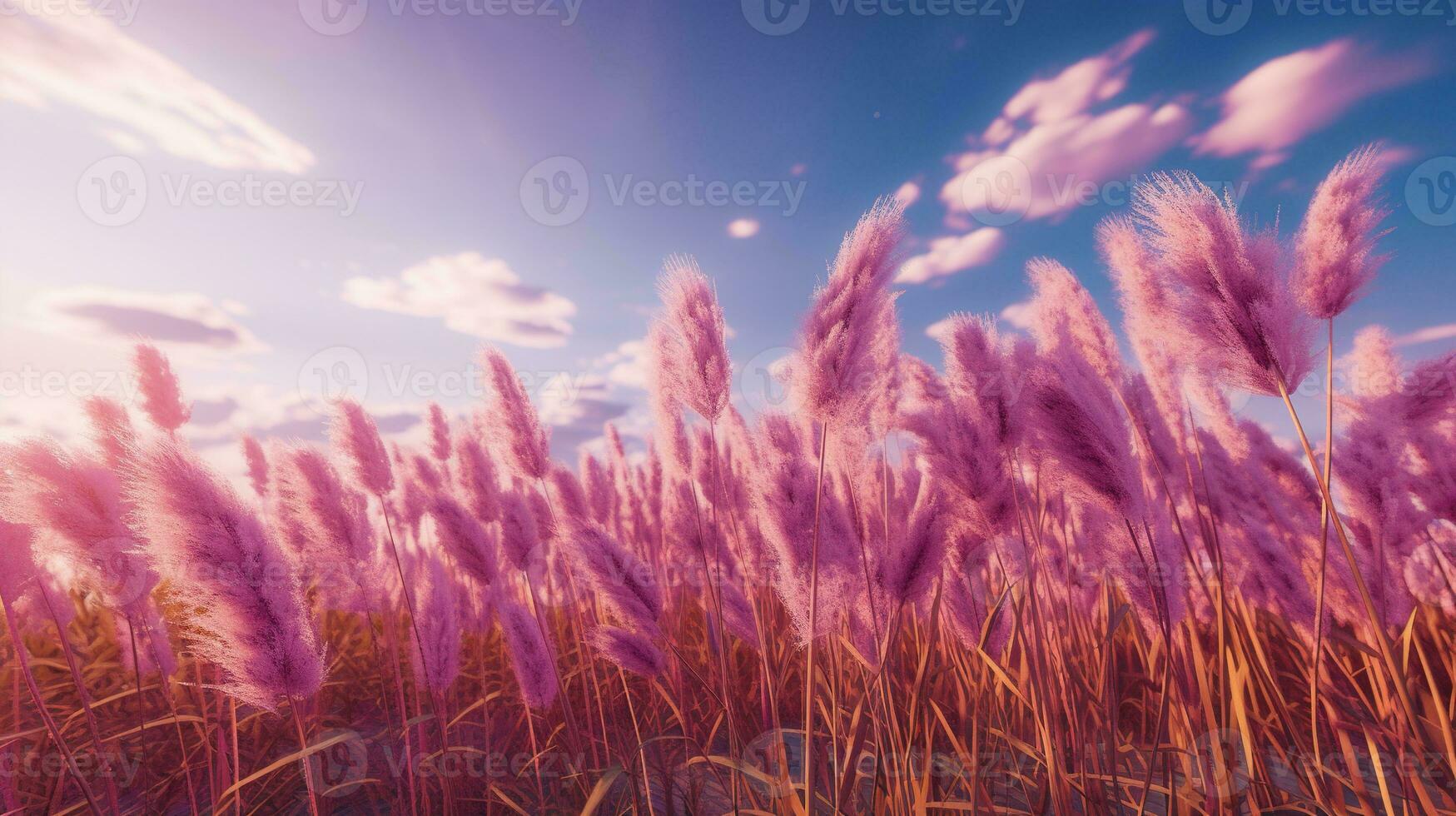 Generative AI, Pampa purple lavender color grass branch with sky. Abstract natural boho background of soft plants, Cortaderia selloana photo